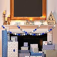 Vista 3 de Guirnaldas de pompones de Hanukkah – Decoraciones de Hanukkah – Guirnaldas de bolas de fieltro blanco con cuentas de Janucá, azul, azul oscuro, gris