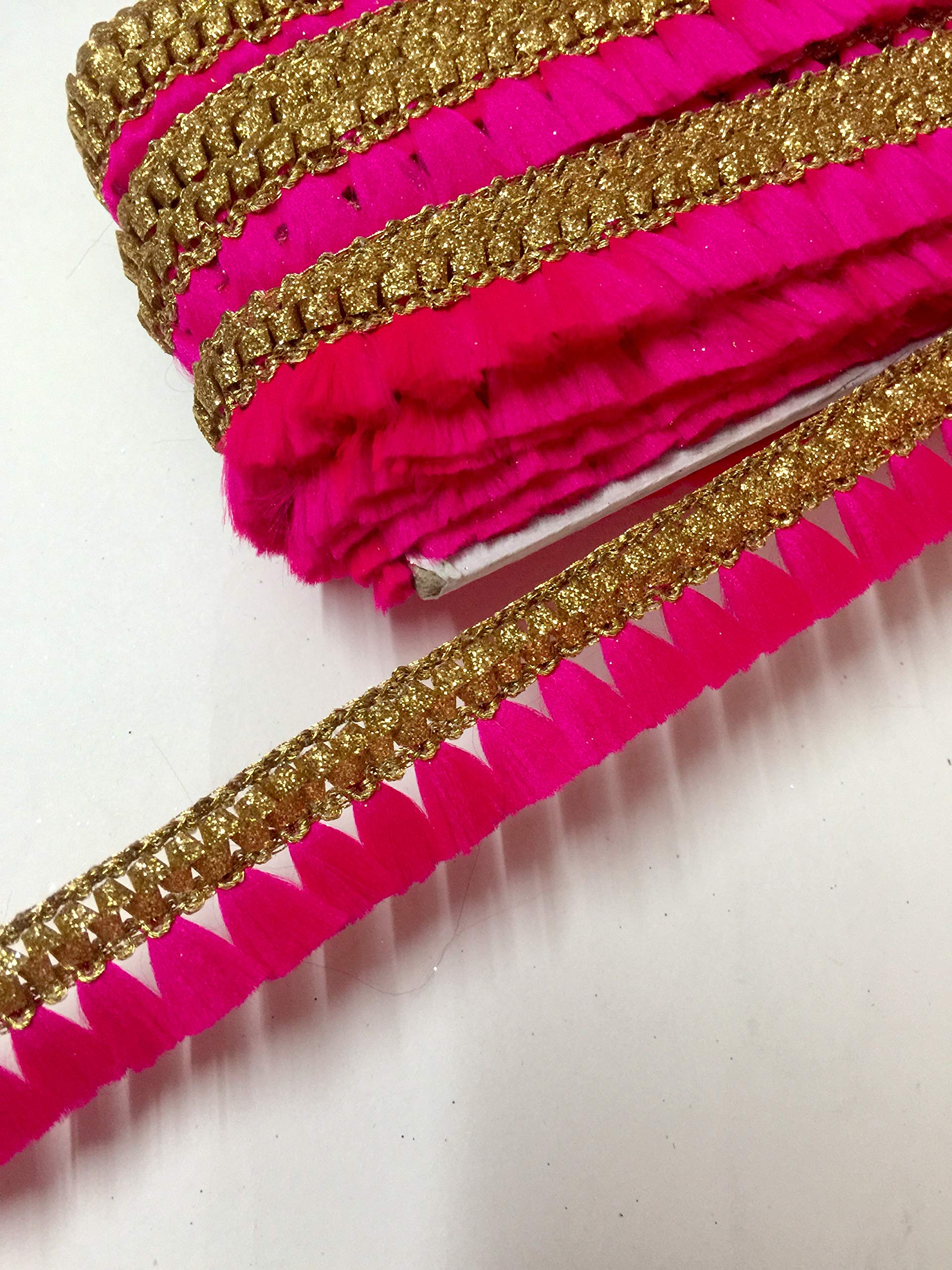 Eerafashionicing Machine Made Embroidery Border Zari & Resham Thread Laces Gota Border Gota Patti Tassel Lace for Dresses, Crafts, Home Decor ( Hot Pink And Golden , 9 Mtr)