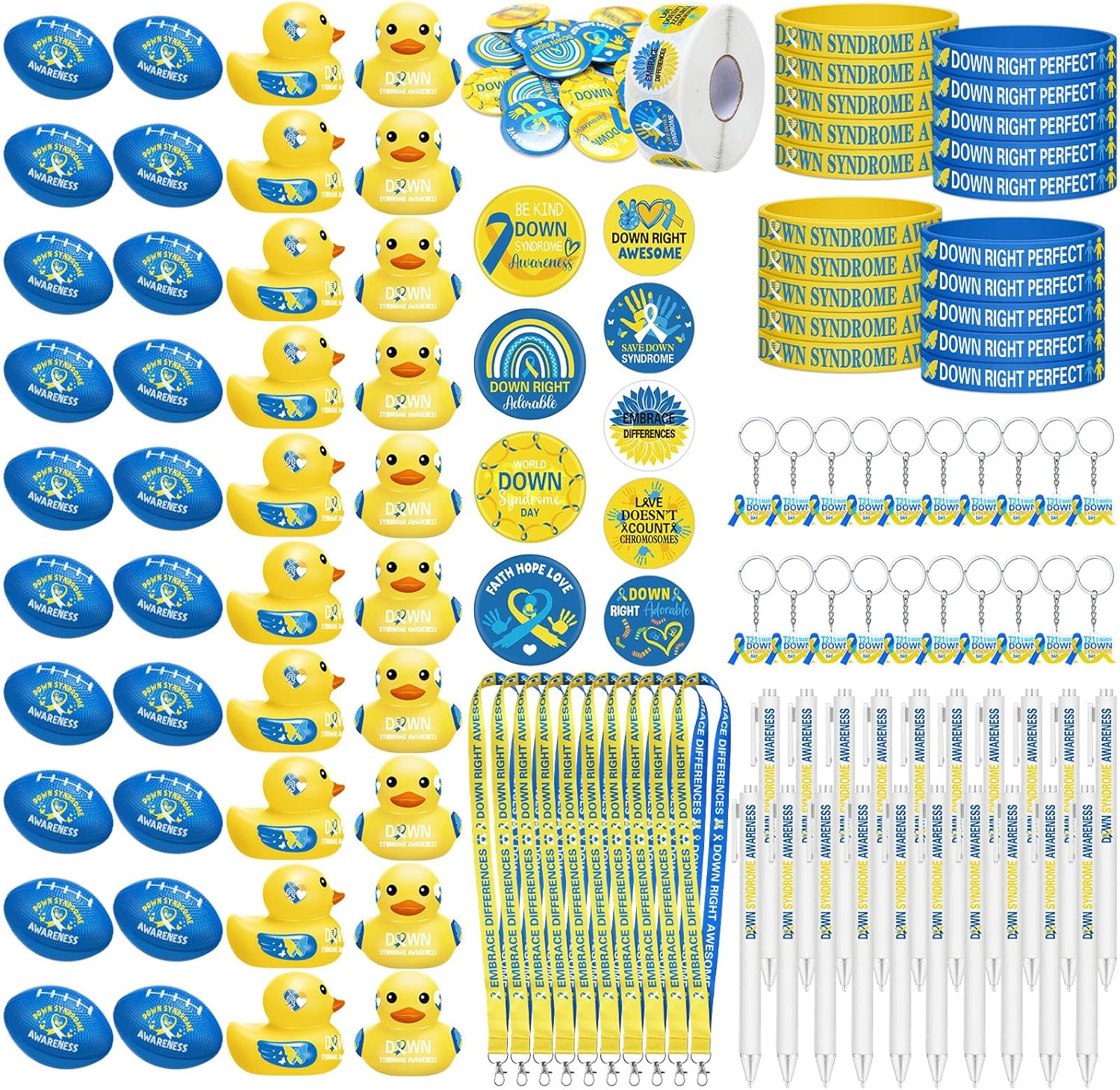MotiMind 1140 Pcs Down Syndrome Awareness Yellow Blue Down Syndrome Ribbon Accessories Set Include Keychains Stickers Buttons Stress Balls Pens Silicone Bracelets Rubber Ducks Lanyards