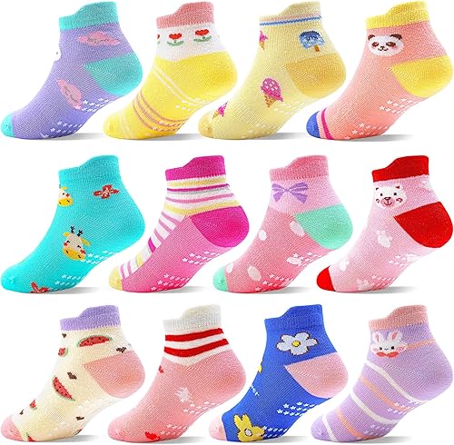 ELUTONG - Calcetines para niños con agarre, antideslizantes, 12 pares para niños, niñas, bebés de 1 a 7 años