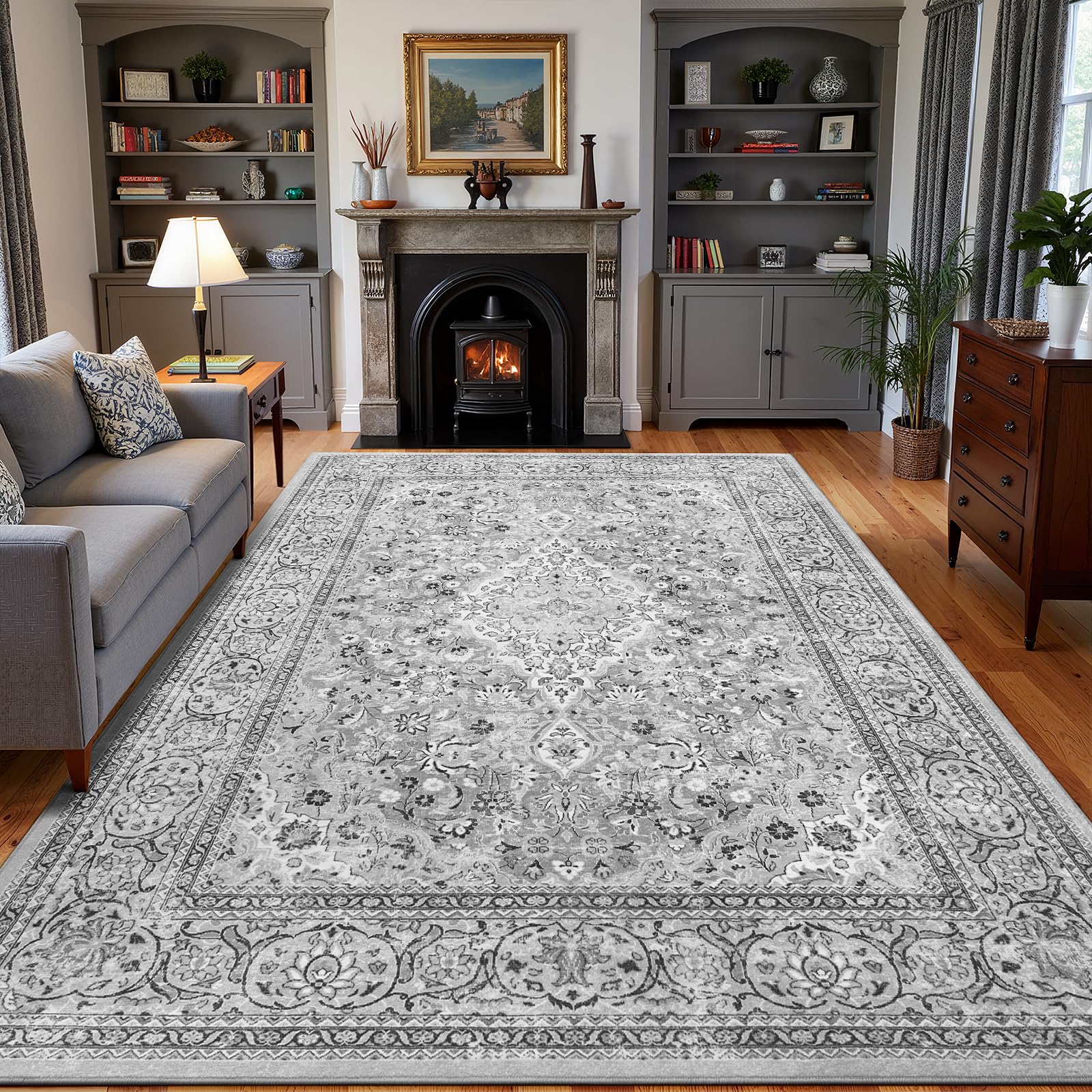 Flagover 5x7 Grey Washable Boho Area Rug for Bedroom, Vintage Floral Non Slip Living Room Rugs, Soft Low Pile Indoor Mat, Aesthetic Pattern Carpet for