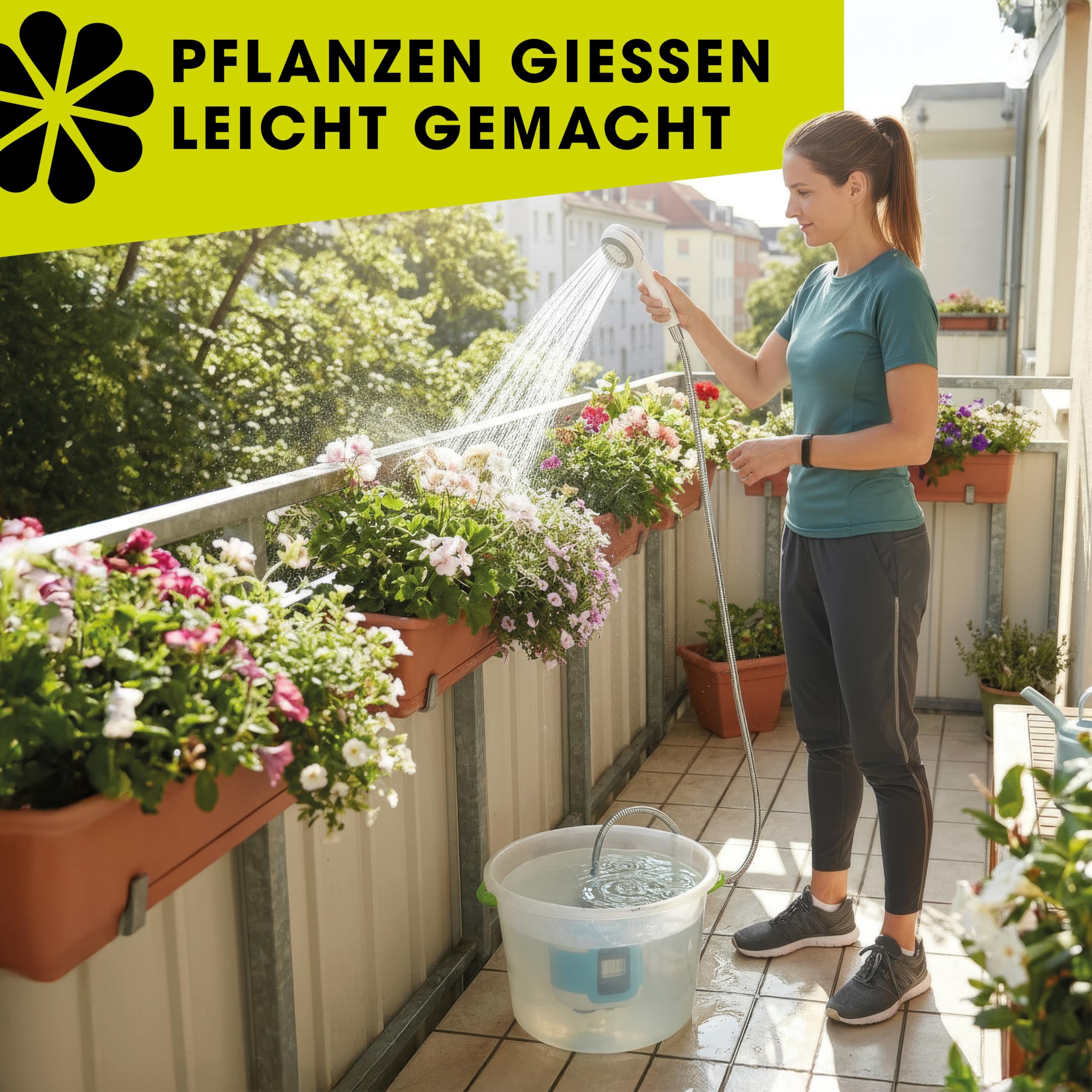 EASYmaxx Campingdusche mit Akku | 2in1: Mobile Outdoor Dusche und Bewässerungsbrause | Camping Dusche mit Pumpe inkl. Ansaugfunktion | kabellose und tragbare Dusche | elektrische Dusche mit LED-Licht