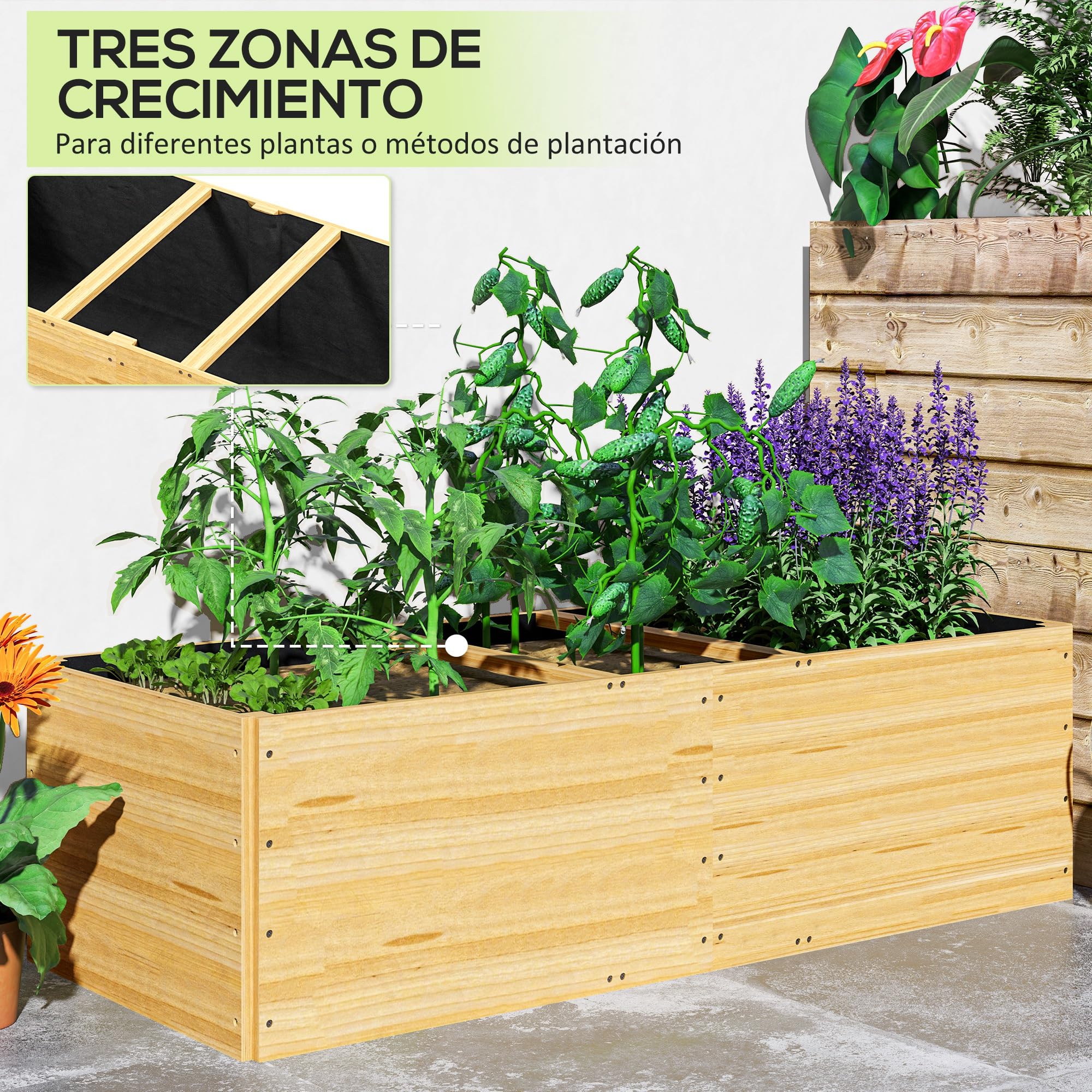 Outsunny Jardinera de Madera Jardinera Exterior Grande con Forro y 3 Áreas de Cultivo para Jardín Terraza Balcón 140x60x40 cm Natural
