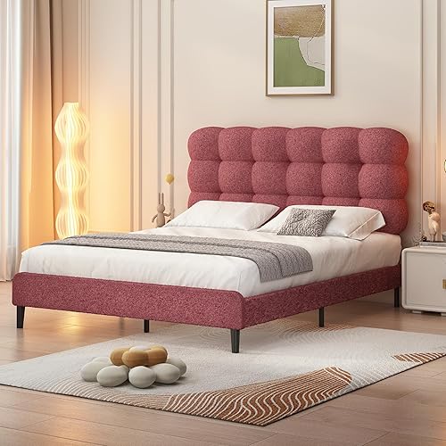 Miniatura 10 de Base de cama individual BarnFurin, cama plataforma con cabecero tapizado, base de cama de tela de bouclé suave con soporte de listones de madera,