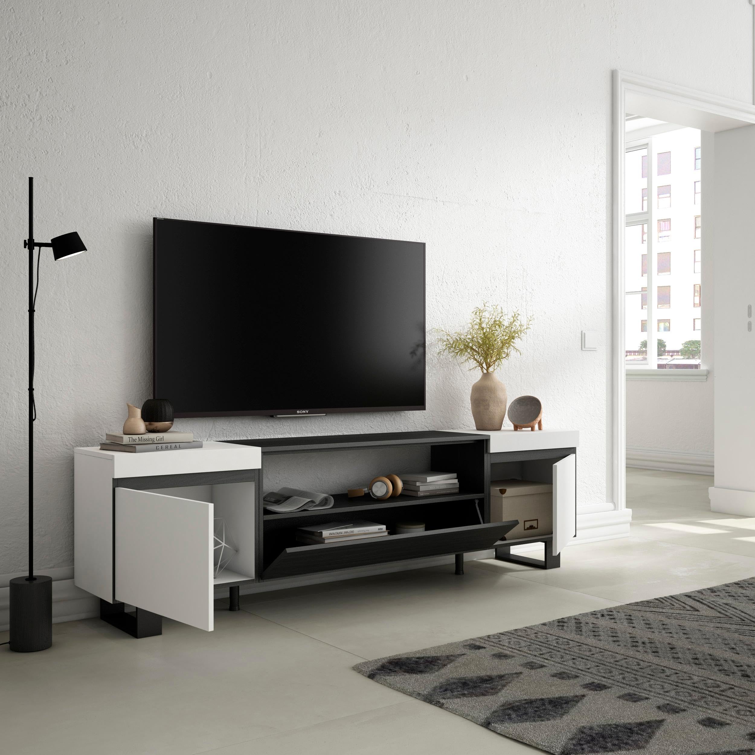 Skraut Home | Mueble TV | Televisión | Muebles de salón, almacenaje | 200x57x35cm | para TV hasta 80" | Diseño Industrial | Estilo Moderno | Blanco y Negro