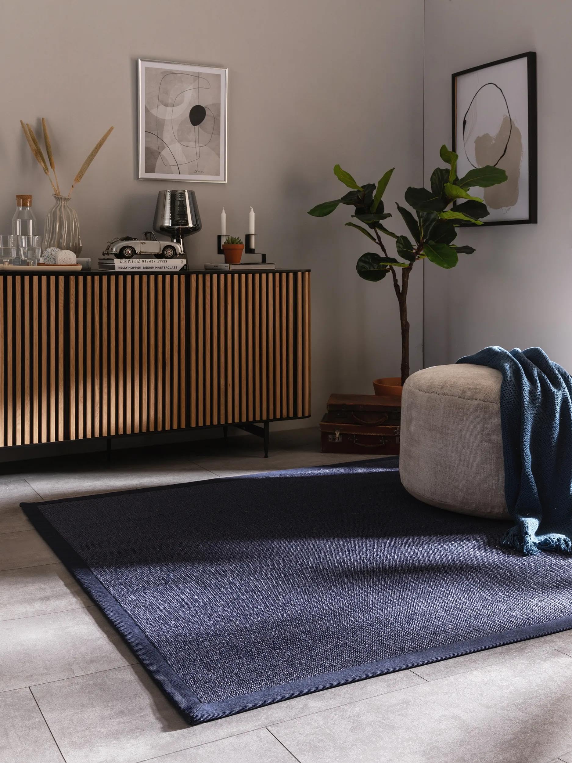 Benuta Nest Sisal Sana Tapis en Fibre Naturelle - Bleu - 150 x 150 cm - Tapis Robuste pour Salle à Manger et Salon - 100% Fibre Naturelle sisal - Design Intemporel