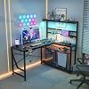 Bestier 42 L Gaming Desk,Computer Desk with Power Outlets, LED Lights, Reversible Corner Desk with 4-Tier Shelves,Cup Holder & Hook Black Marble