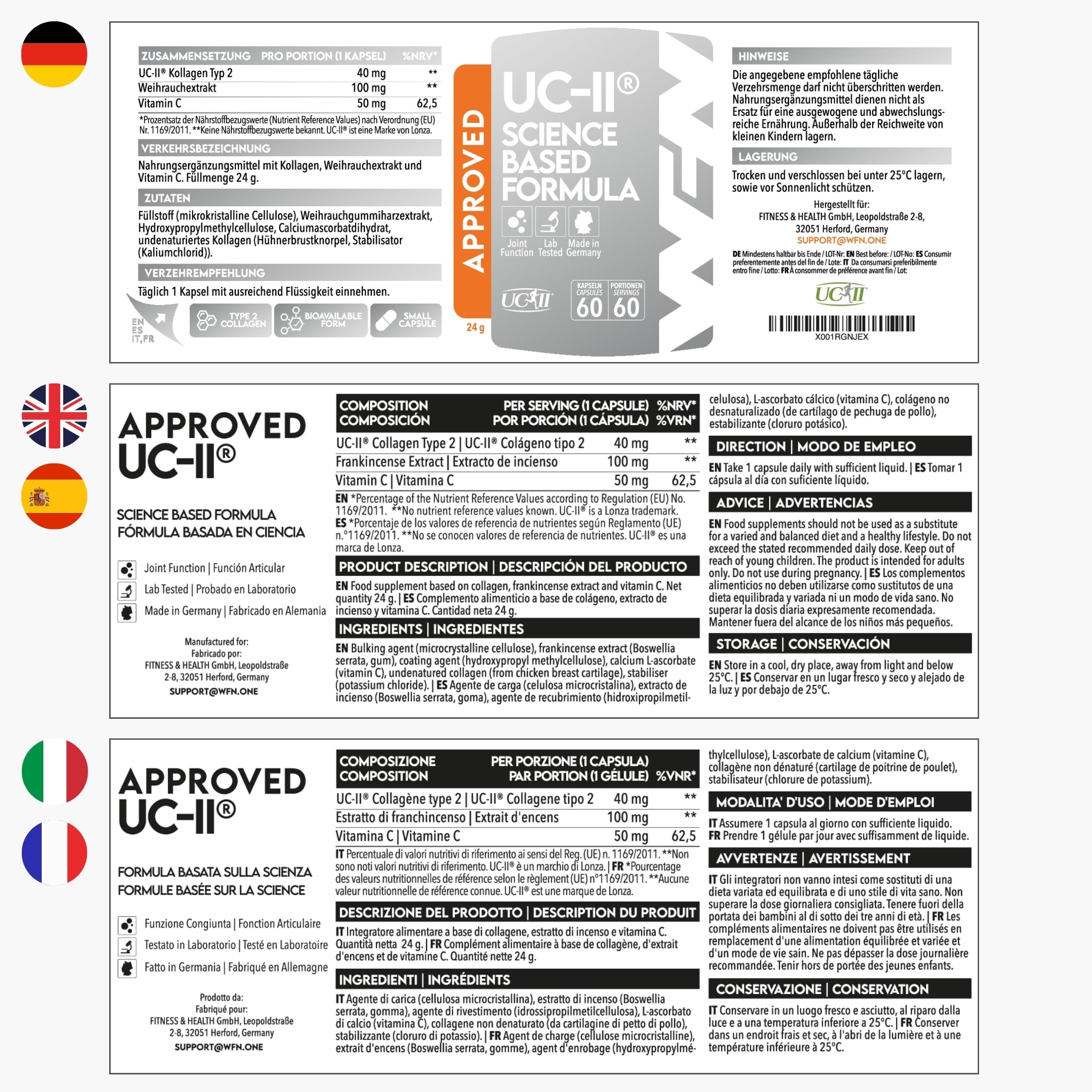 WFN Approved UC-II - Collagene tipo 2 non denaturato - Alto dosaggio - 60 capsule - Complesso articolare con Collagene UC II, Vitamina C e Boswellia Serrata - Prodotto e testato in Germania