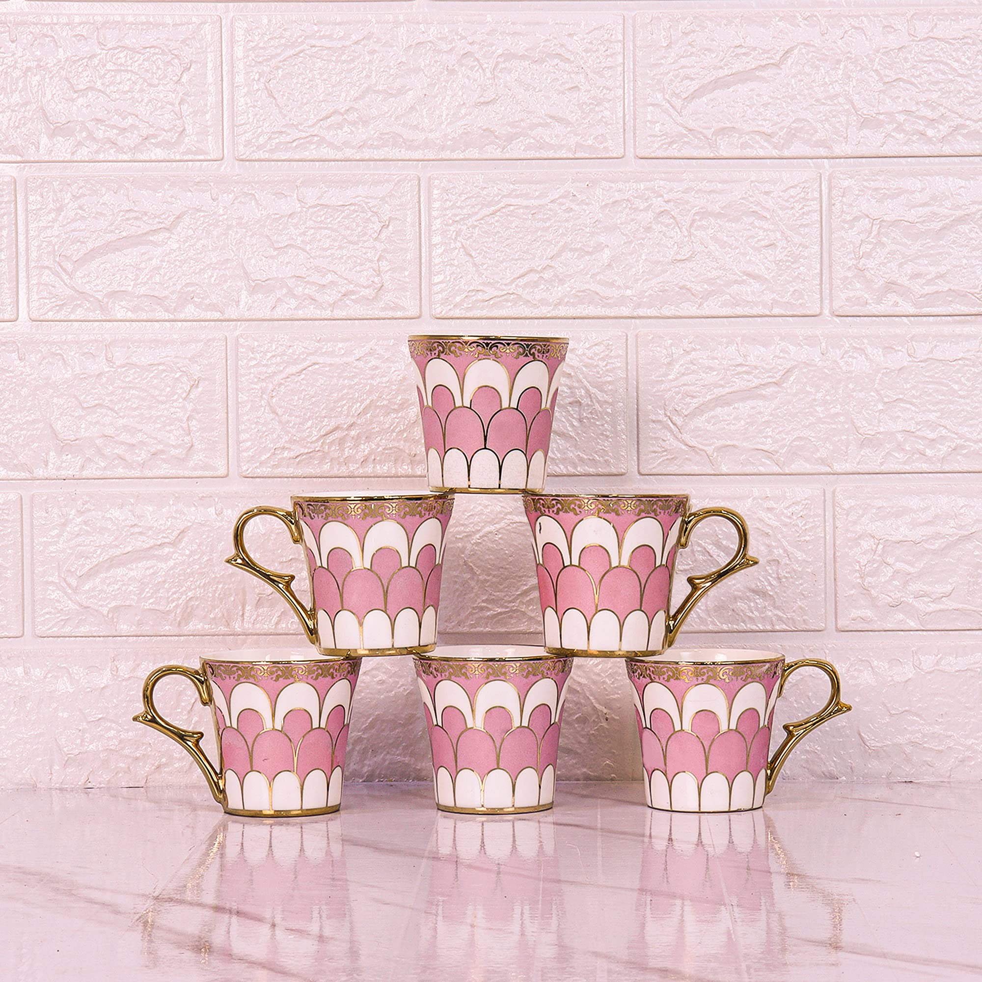 Femora Water Drop Scale Pattern Golden Tea Mugs, Ceramic Tea Cups, Coffee Mugs (160 ml, Pink) - 6 Pcs Set (NOT Microwave Safe) 2
