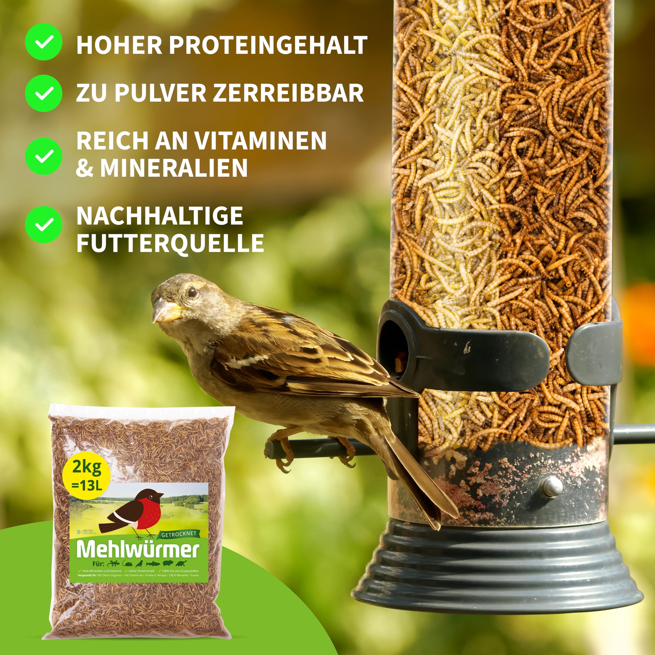 Detox Organica Mehlwürmer Getrocknet, 2Kg (13L) getrocknete Mehlwürmer mit sehr hohem Proteingehalt, Würmer für Reptilien, Vögel, Wildvögel, Igel, Fische, Schildkröten & Nager – Premium Qualität