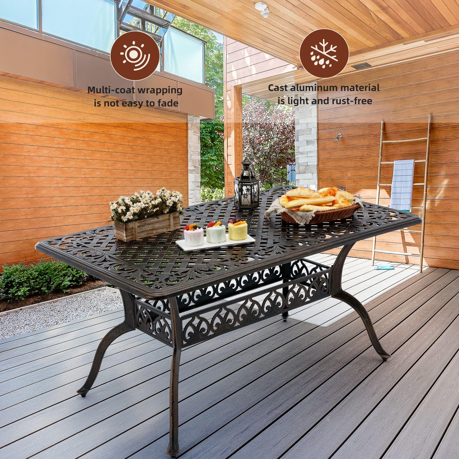 7-Piece Cast Aluminum Outdoor Table and Chairs, Antique Bronze Patio Dining Set for 6 Include 60