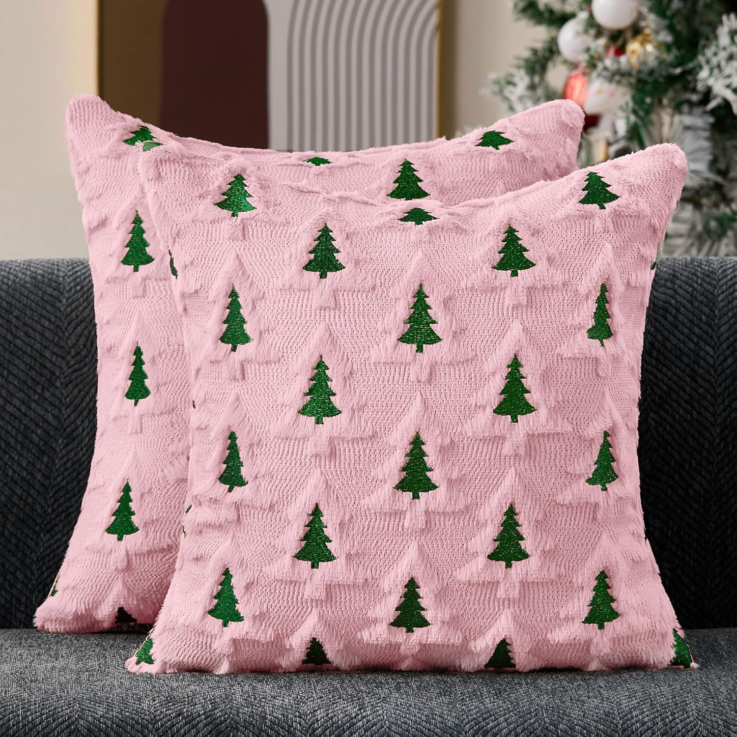 Allorry Christmas Pillow Covers 20x20 Set of 2 Pink Green Double Xmas Tree Pillow Covers Soft Plush Faux Fur Christmas Decorations for Xmas Winter Holiday Home Bedroom Sofa Cushion Cases PT-008F20