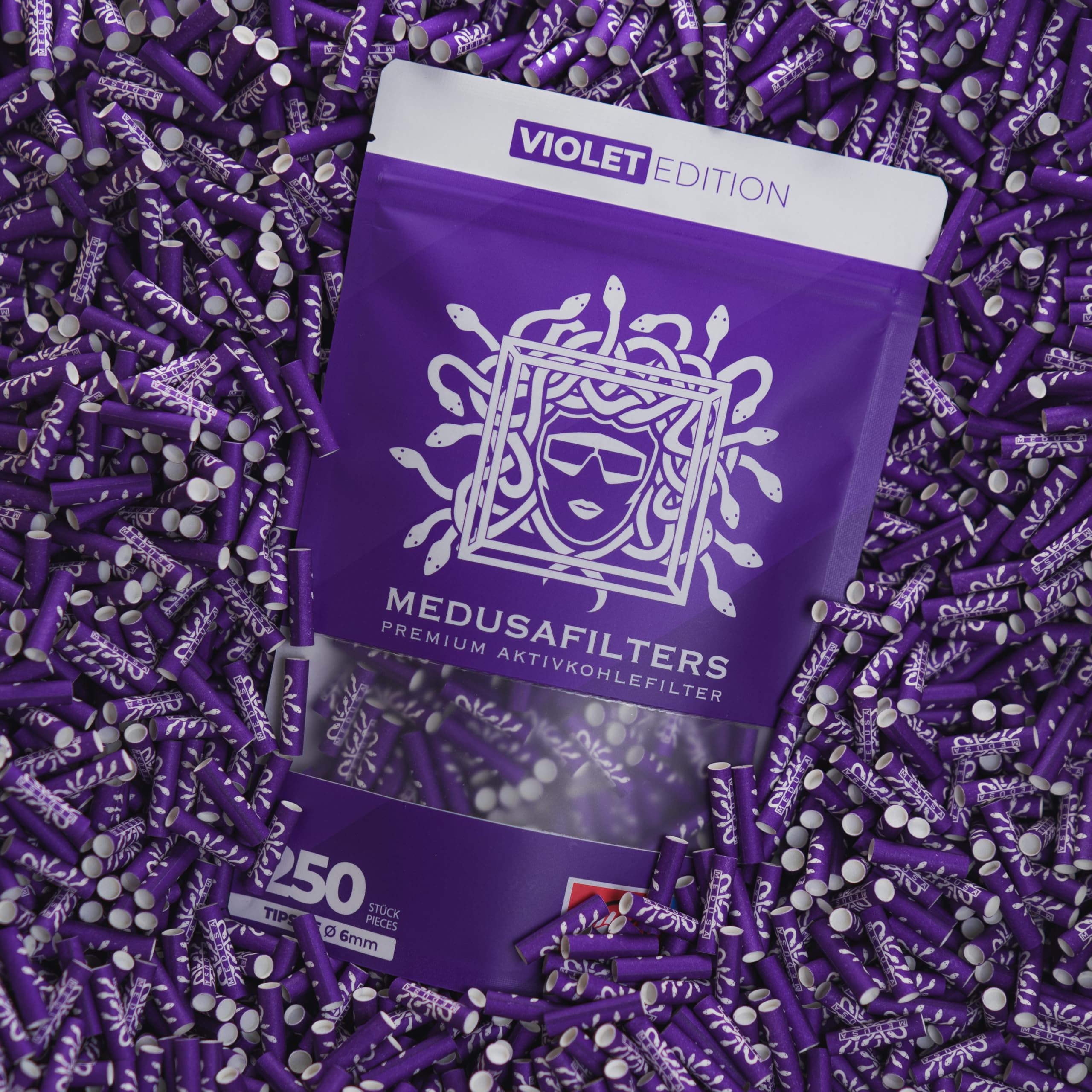 Medusafilters 250 Stück 6mm Ø Slim Premium Aktivkohlefilter mit veganen Fasercaps & Kokos Aktivkohle | Filter mit 25mm Länge made in Germany (VIOLET EDITION)