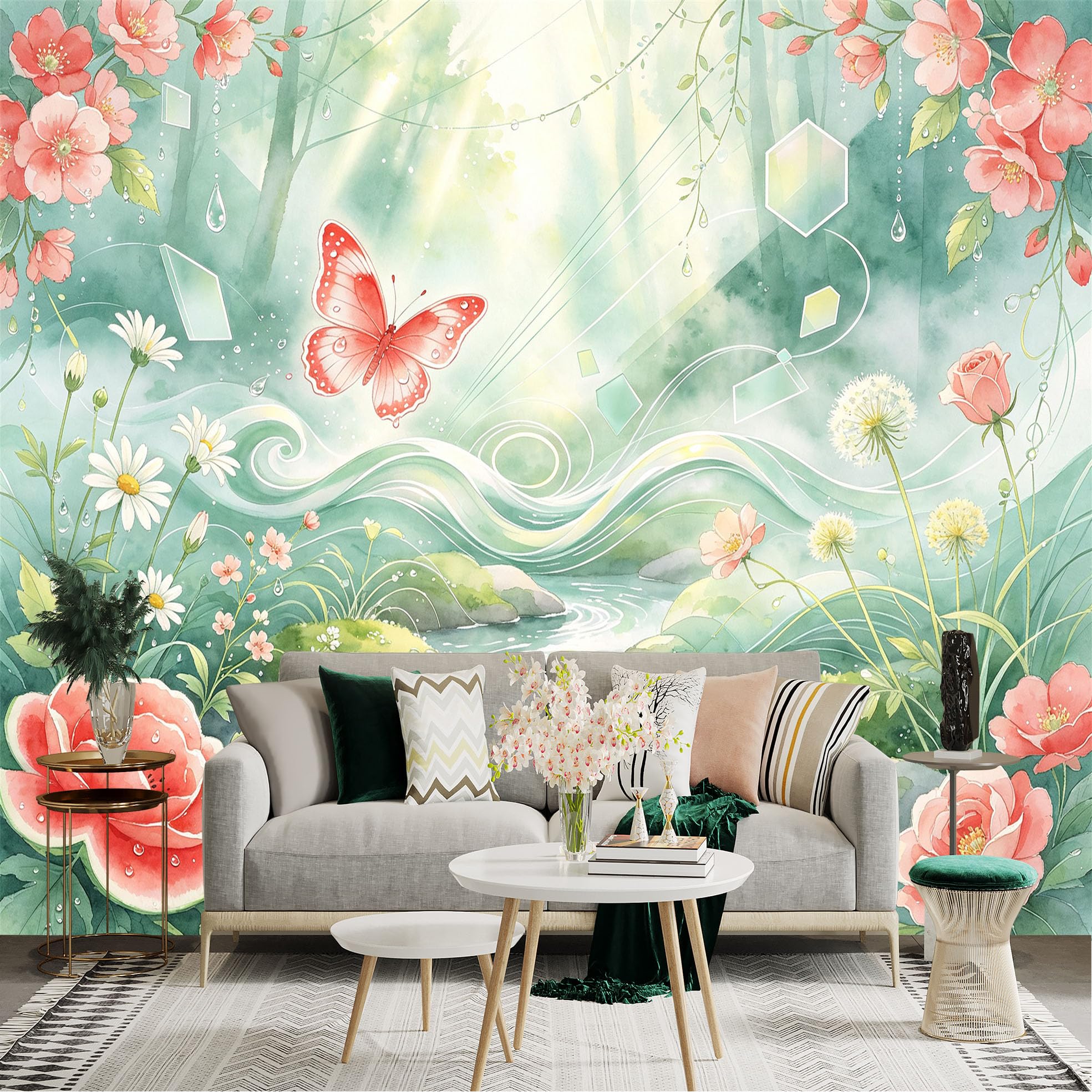 Custom Size Wall Sticker Mural， Watercolor Garden with Butterfly and Stream， Blooming Flowers and Soft Nature Scenery， for wall Decoration， peelandstick wall Decals.