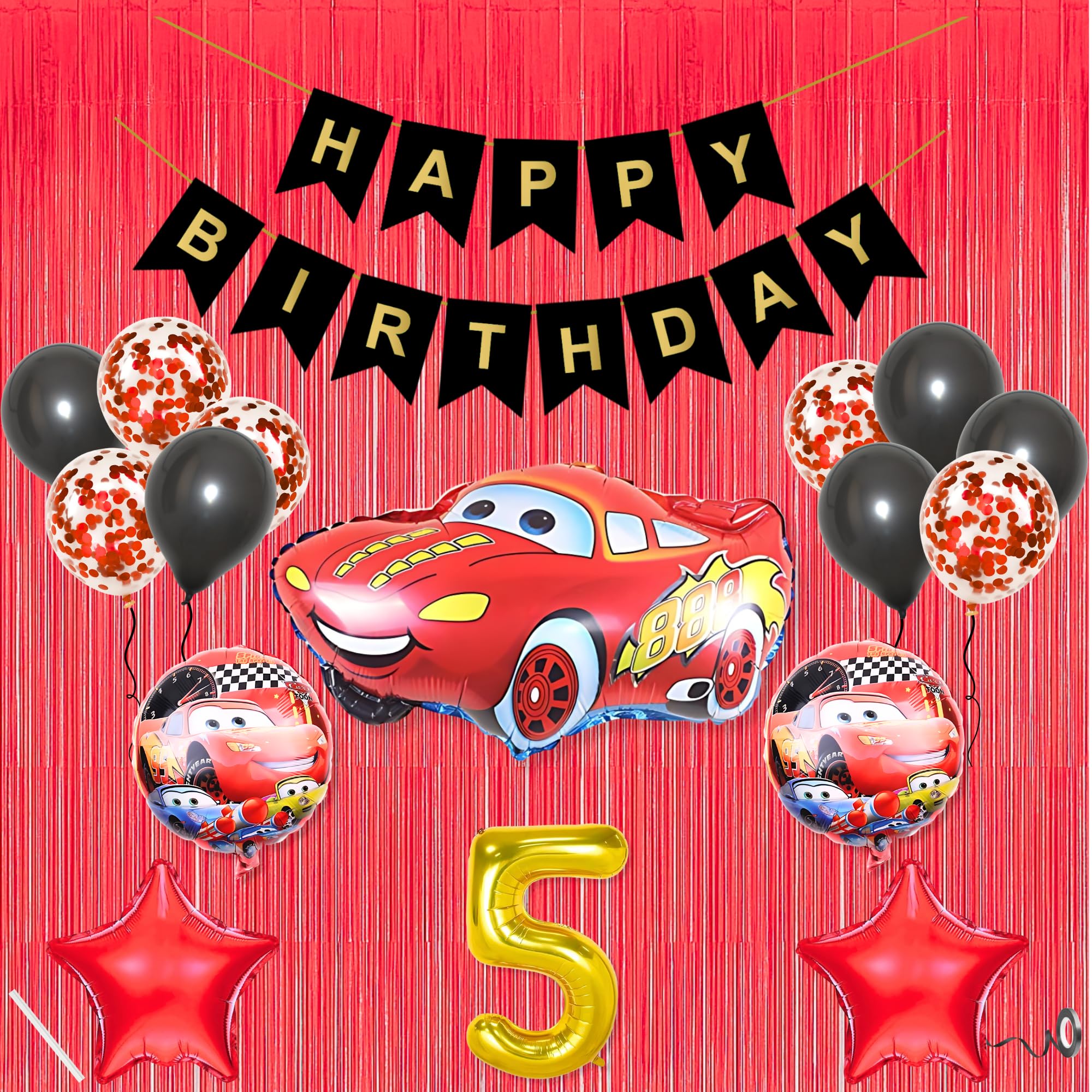 5th Car Theme Happy Birthday Banner Decoration Black for 5 year Old Baby Boys Girls Kids 5 Pc Lightning Macqueen Theme 10 Pc Confetti Balloons Foil Curtain Kit Combo Set Items 2 Pc Red Star-image-36
