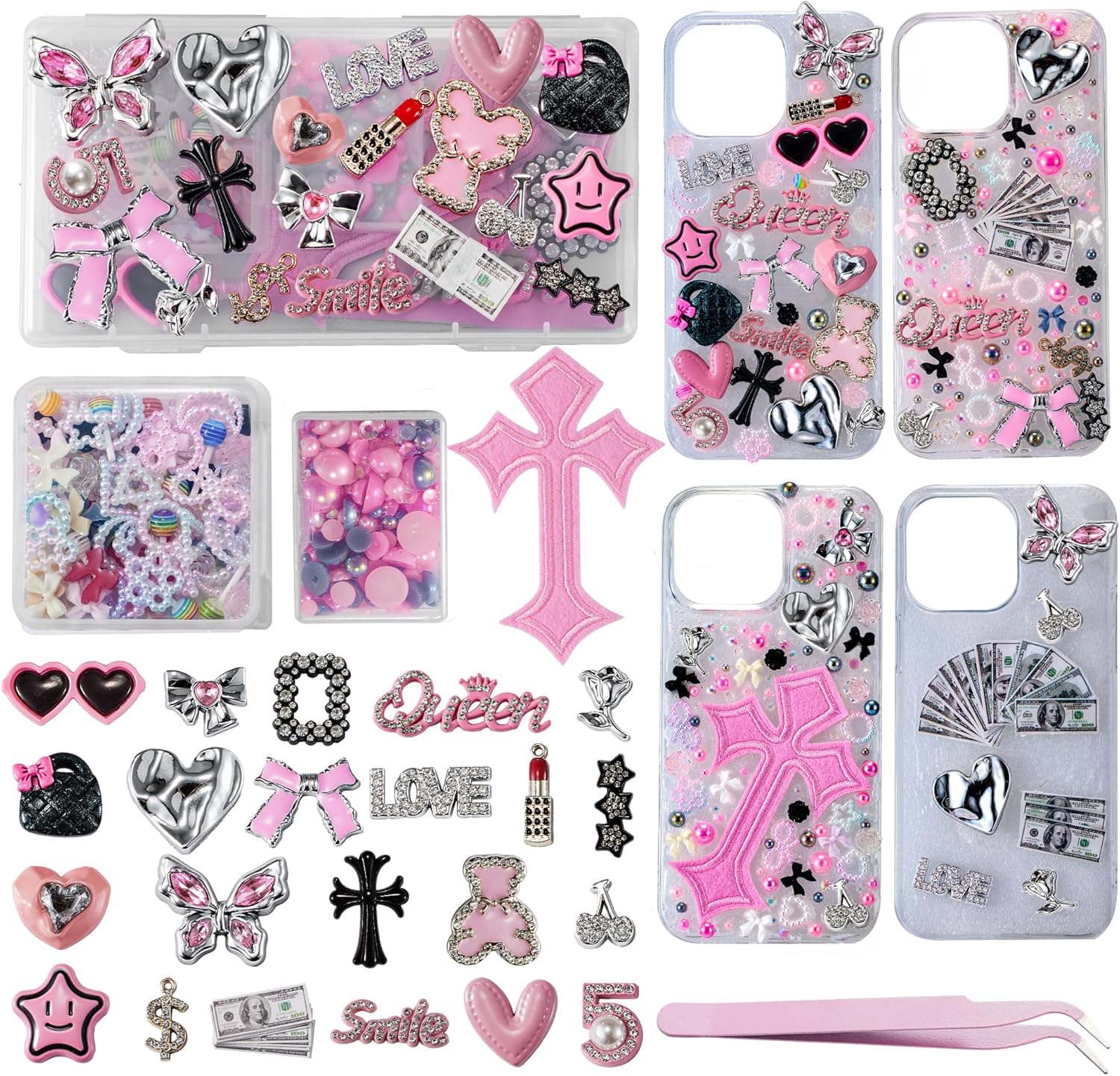 Junk Case Charms Kit, Junk Phone Case with Big Charms, Nail Bow Pearl Flatback Resin Charm for DIY Crafts