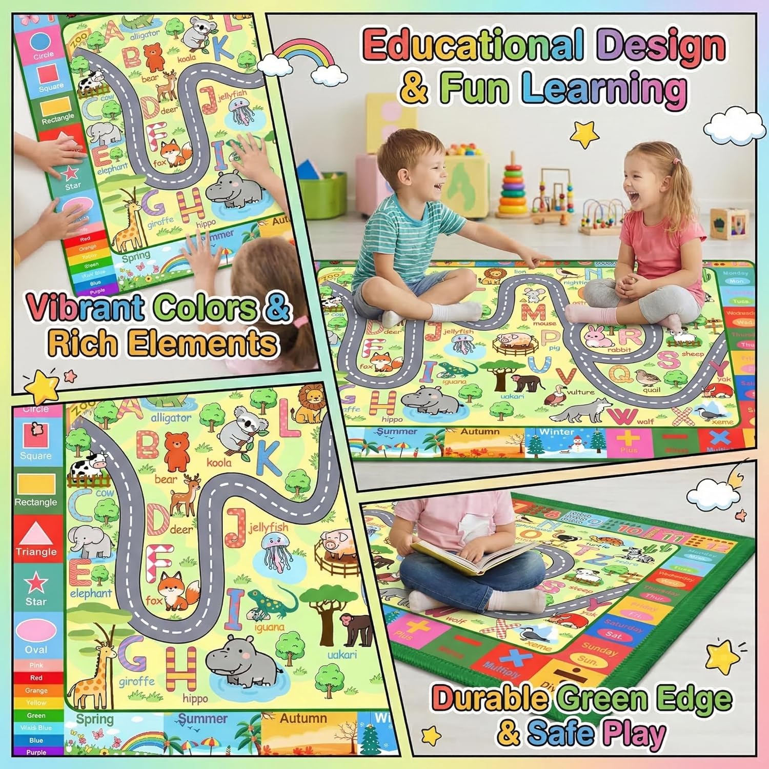 3x5 Feet Educational Area Rug Kids Rugs for Playroom with Alphabet Numbers Shapes Animals Learning Carpet for Bedroom Nursery Classroom Boys Girls Toddler Baby Non Slip Floor Mat