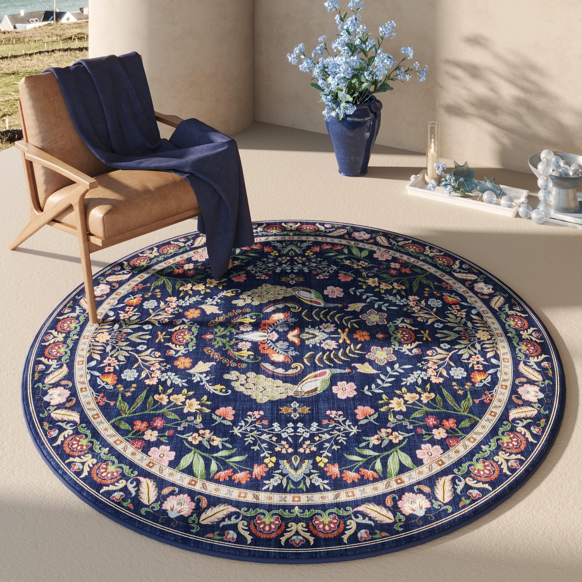 Rugcomf Round Rug 4ft Washable Circle Rug Floral Non Slip Low Pile Small Circular Rug for Bedroom, Bathroom, Entryway, Kids Room, Office(Blue)