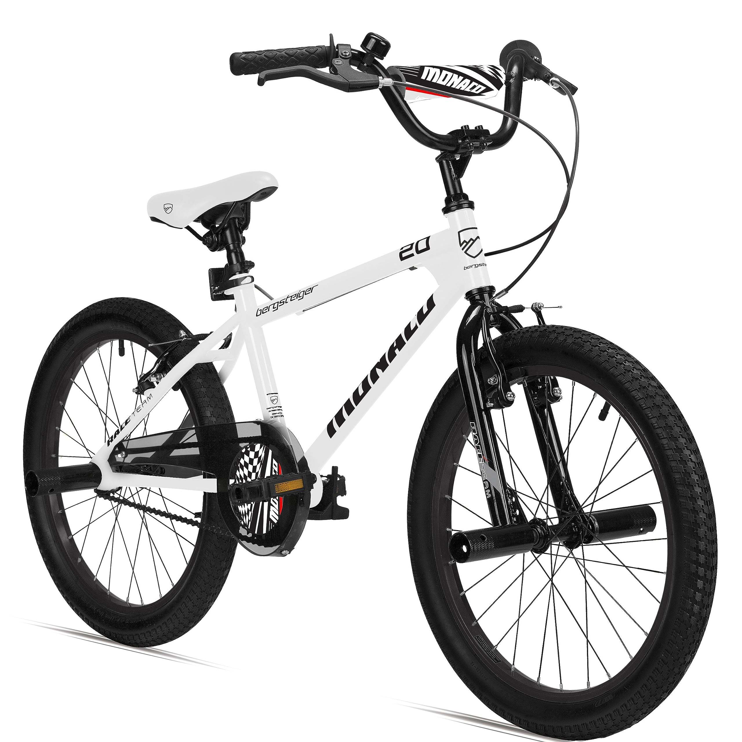 Bergsteiger Monaco 20 Zoll Kinderfahrrad BMX mit Hardtail Dirtrahmen | Cooles Freestyle Bike ab 120 cm Groesse mit 4 Stahl Pegs, breiten Reifen, V-Brakes und zu 90 Prozent fertiger Montage.