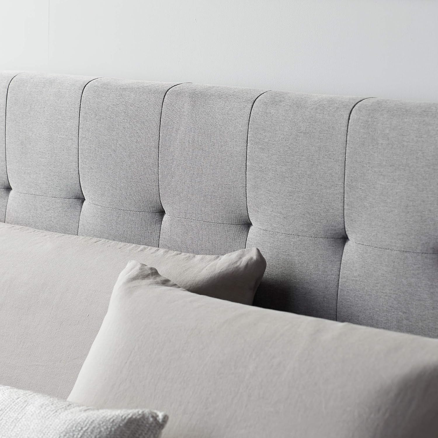 LUCID Upholstered Bed with Square Tufted Headboard -Linen Inspired Fabric –Sturdy Wood Build –No Box Spring Required Platform, Full, Stone
