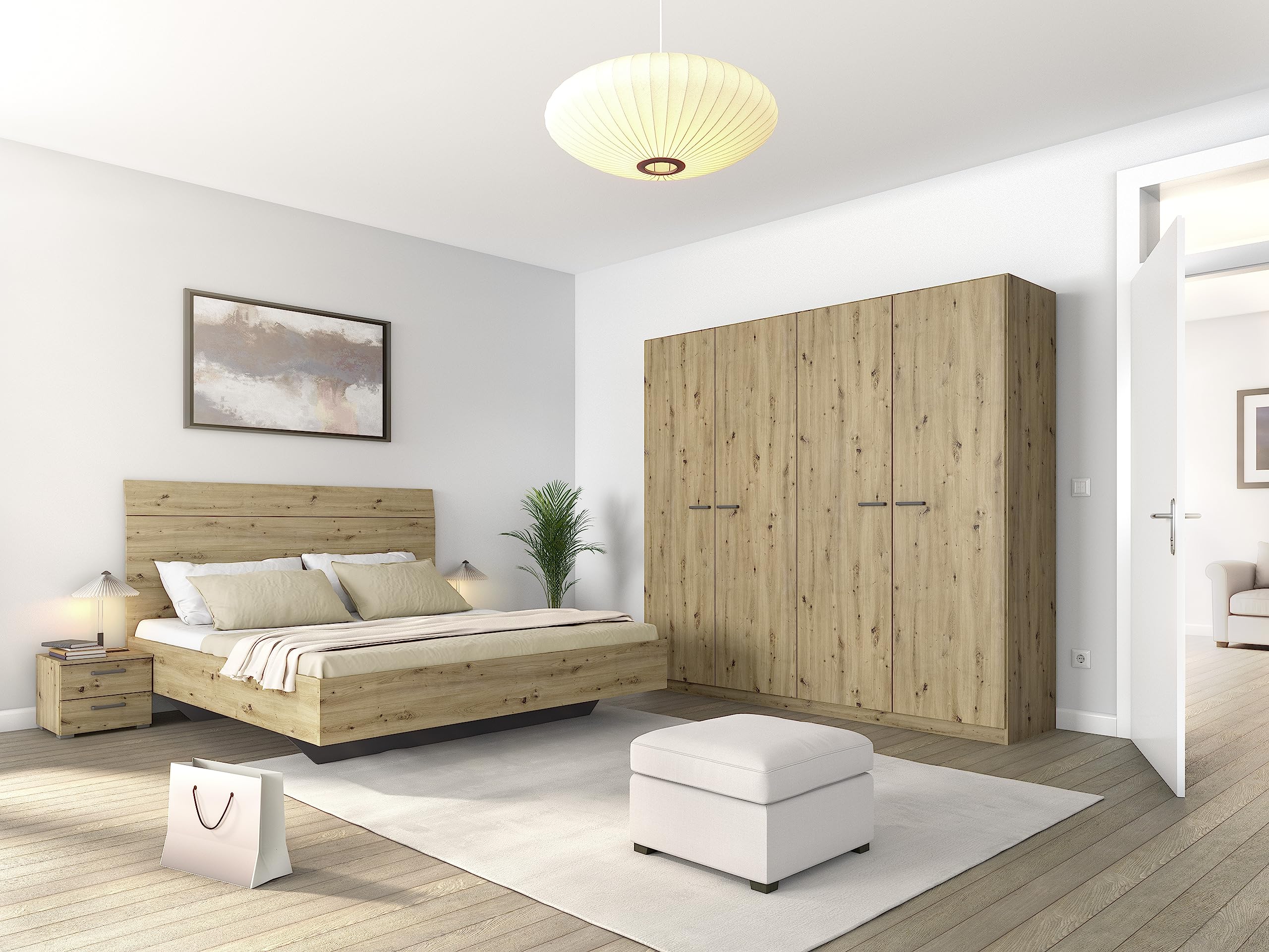 Rauch Möbel Florenz Schlafzimmer, Eiche Artisan, Holz, bestehend aus Bett mit Liegefläche 180x200 cm inklusive 2 Nachttische und Drehtürenschrank BxHxT 226x210x54 cm