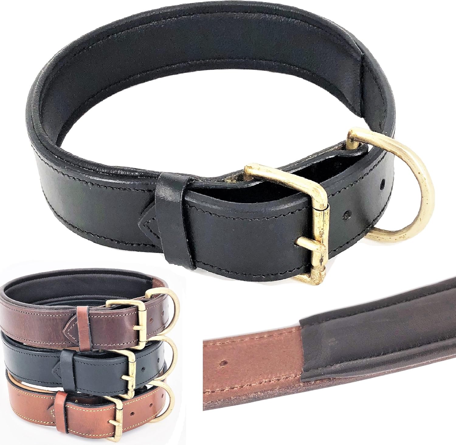 FDC Genuine Real Leather 1.5" Width Dog Collar Padded Heavy Duty Medium Large Pet (M: Neck 13" - 15", Brown)