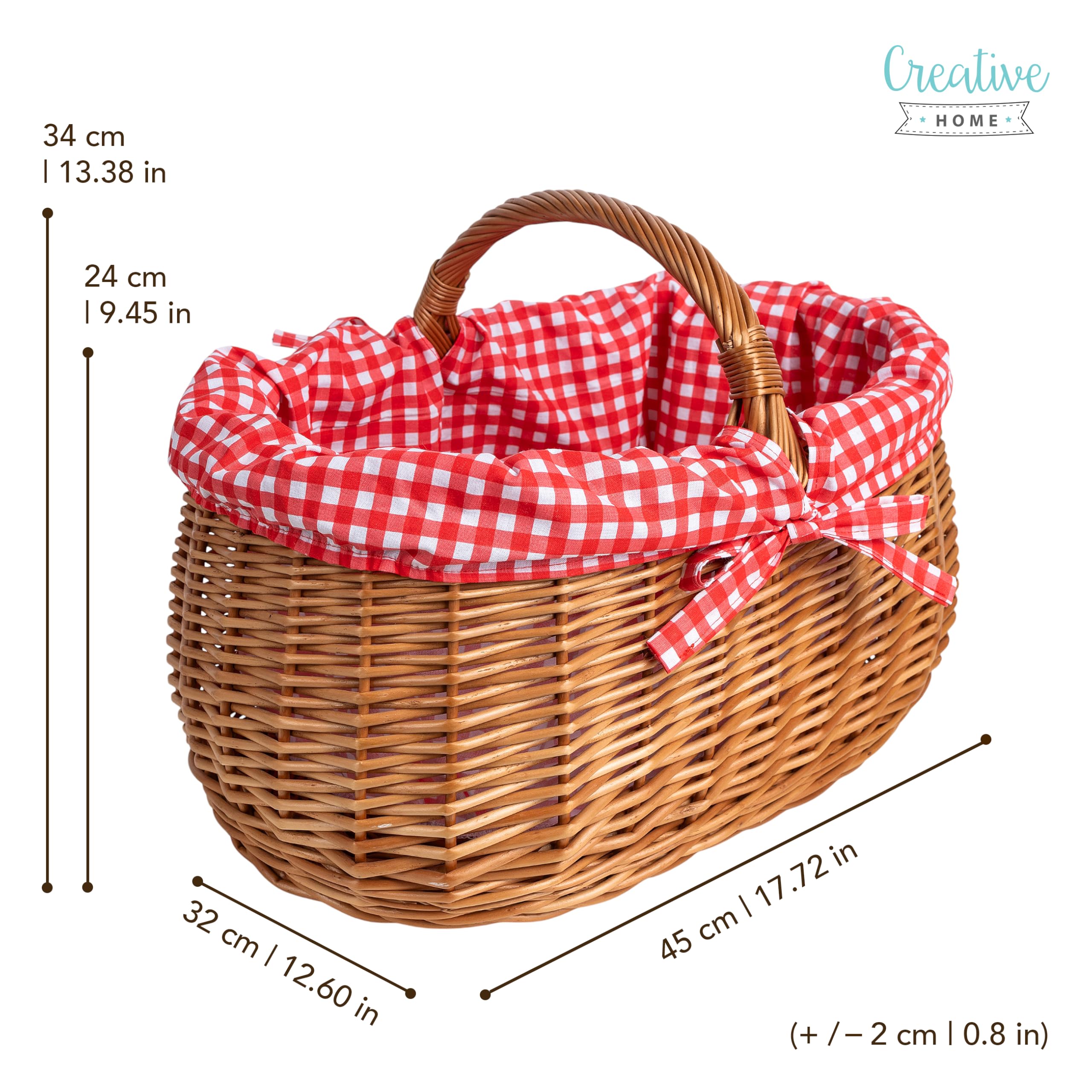 Creative Home Kosz Wiklinowy z Czerwonym Obszyciem w Kratę z 45x32x34cm