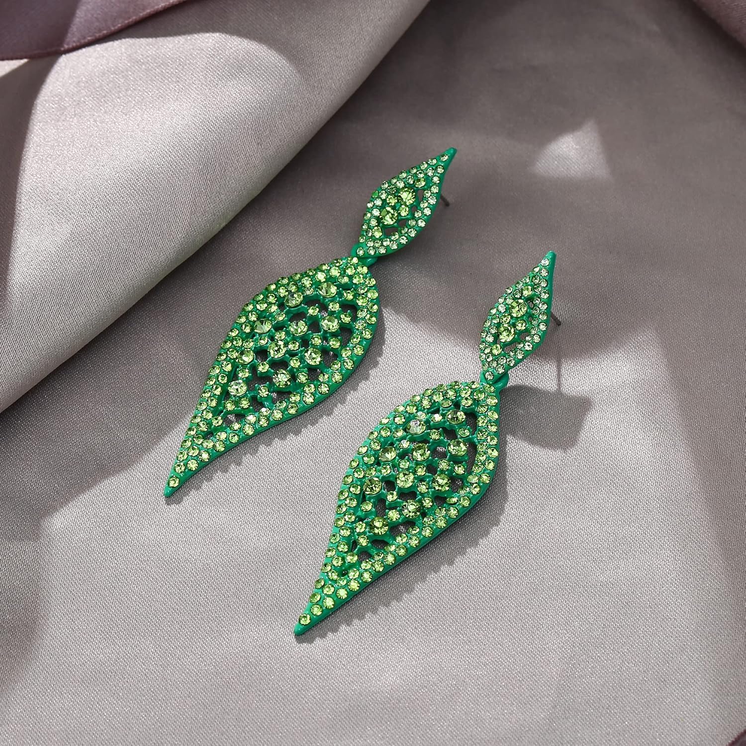 EVER FAITH Costume Party Jewelry 2 Leaf Round Crystal Hollow-out Pierced Chandelier Dangle Earrings for Women - Image 5