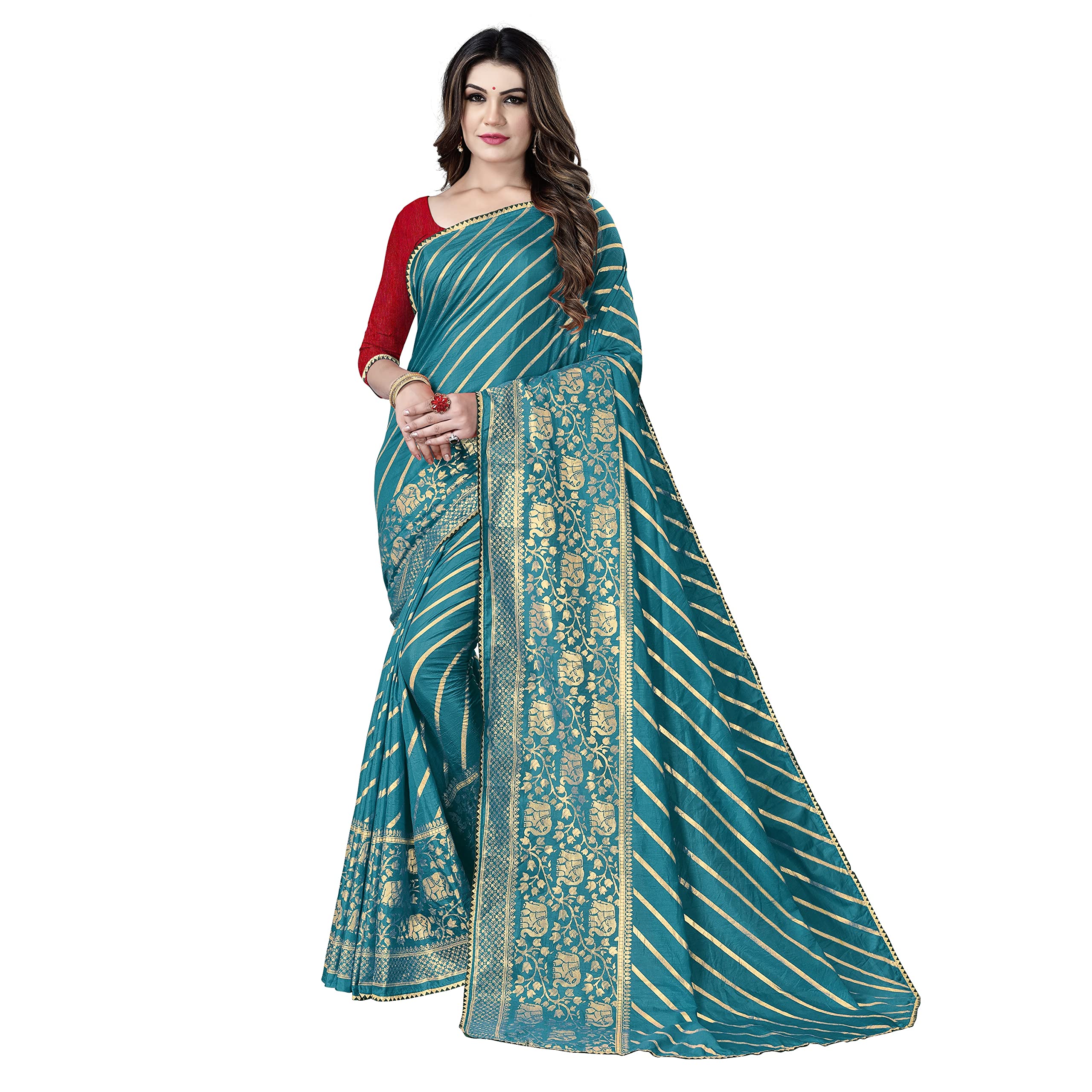 Sidhidata Textile Women's Dola Silk Gota Patti Work Lace Foil Printed Saree With Unstitched Blouse Piece (A Rama)
