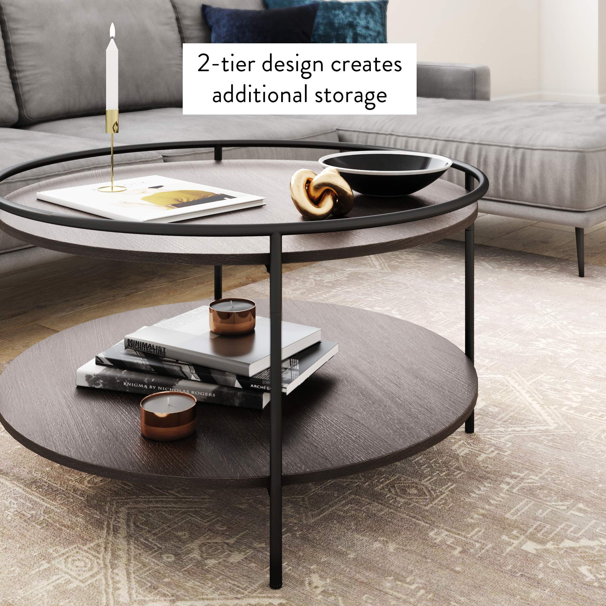 Nathan James Paloma Round Coffee Tea or Cocktail with Raised Tray Top Edge Tables, 2-Tier Minimalist Style Living Room, Dark Oak/Matte Black