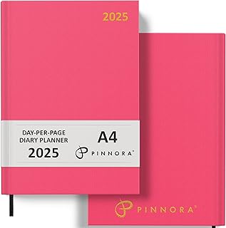 Pinnora Agenda 2025 A4, Día por Página, Color Rosa Intenso, Tapa Dura para Hogar, Escuela y Oficina