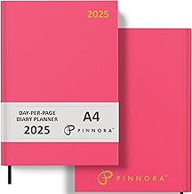 Pinnora Agenda 2025 A4, Día por Página, Color Rosa Intenso, Tapa Dura para Hogar, Escuela y Oficina