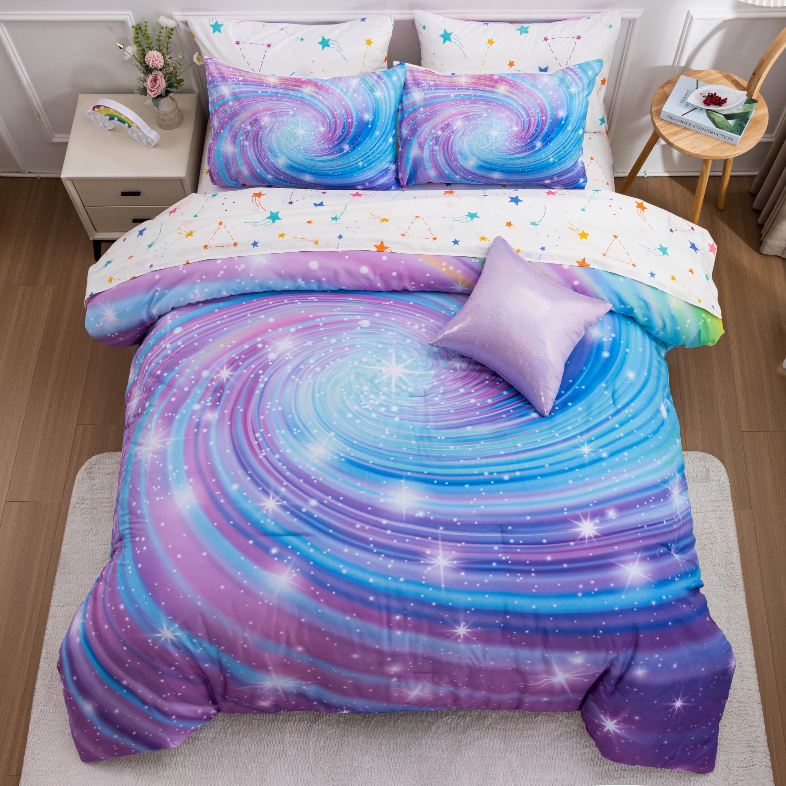 Btargot Super Soft 6 Pieces Gradient Star Ring Comforter Set, Colorful Glitter Rainbow Star Pattern Bedding Set for Boys Girls Teens, Queen Purple