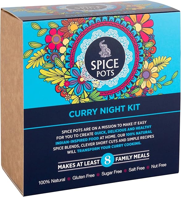 Spice Pots Easy Curry Night Kit with 8 Curry Recipes - 4 Spices - Korma, Bhuna, Goan, Tandoori Blends - Indian Curries - Gifts for Men - Christmas Gifts - Vegan, Gluten Free - 4 x 40g