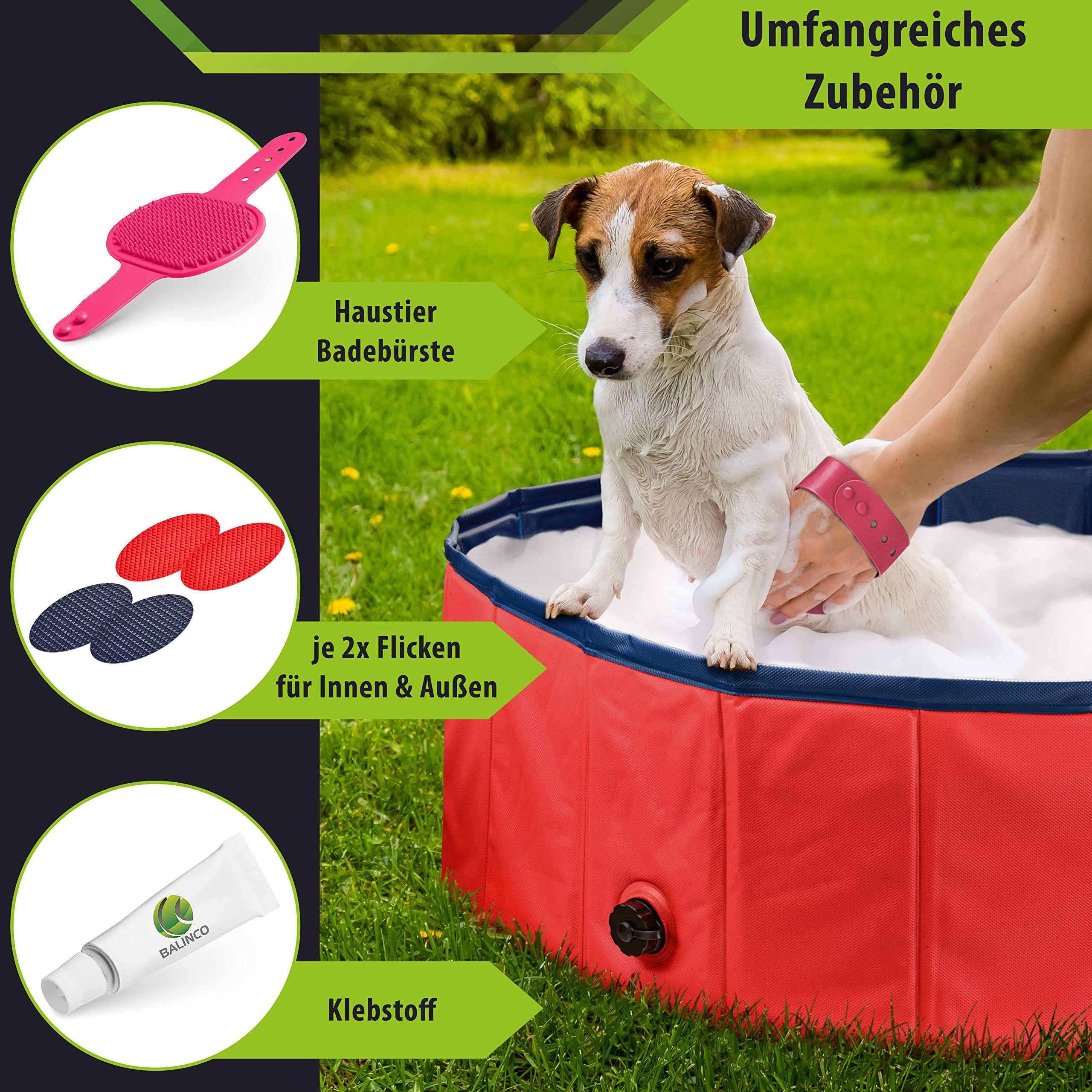 Stabiler Hundepool | Planschbecken für Hunde | Faltbarer Pool mit Ablassventil | rutschfeste Badewanne | Bällebad Kinder | Bälle Bad inkl. Badebürste & Reparaturset - Dog Pool 120x30 (Red)