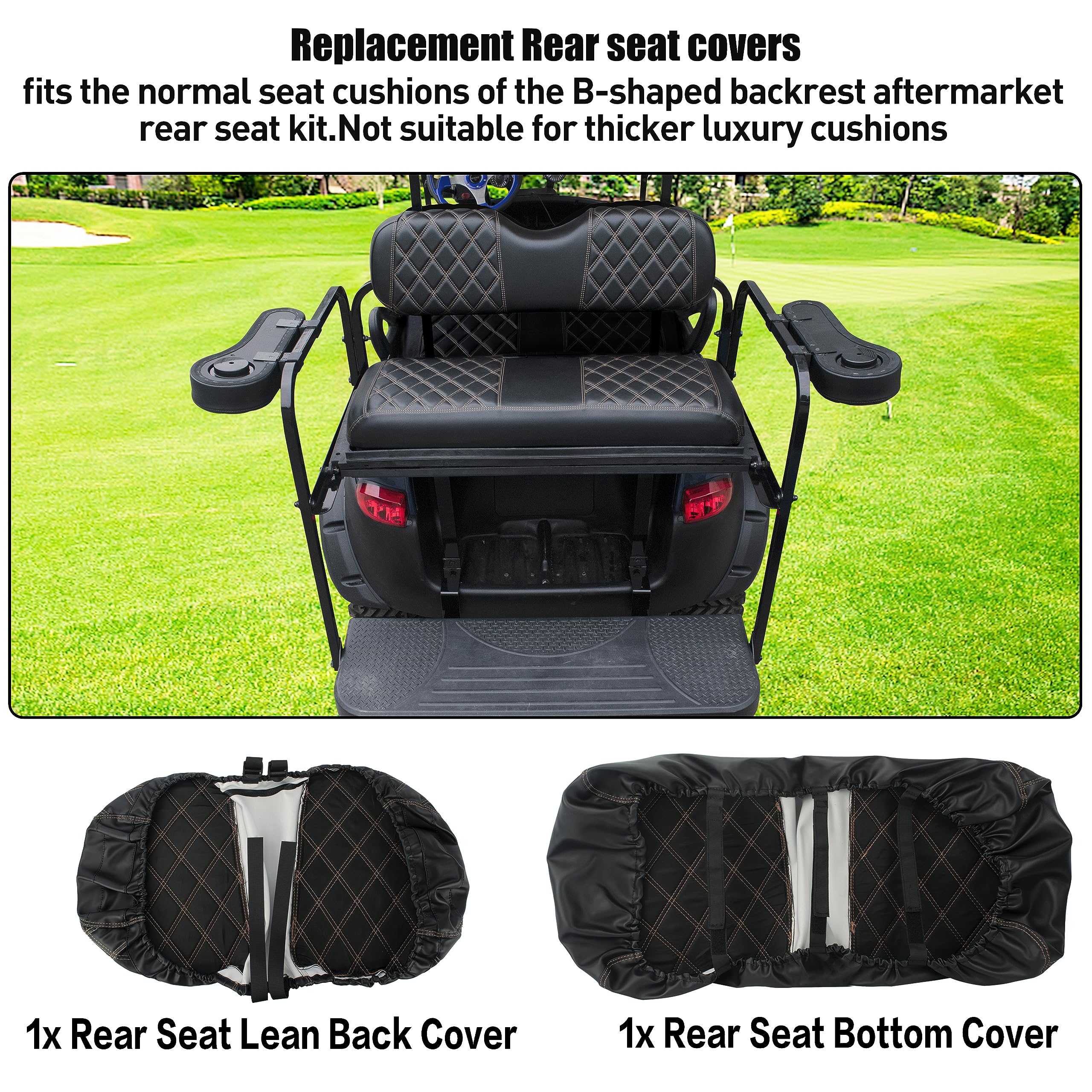 NOKINS Golf Cart Rear Seat Cover, No Stapler Required, Golf Cart Vinyl Replacement Seat Cover Fits EZGO Club Car Yamaha for Standard Seat Cushion Aftermarket Back Seat Kit Brown Stitching