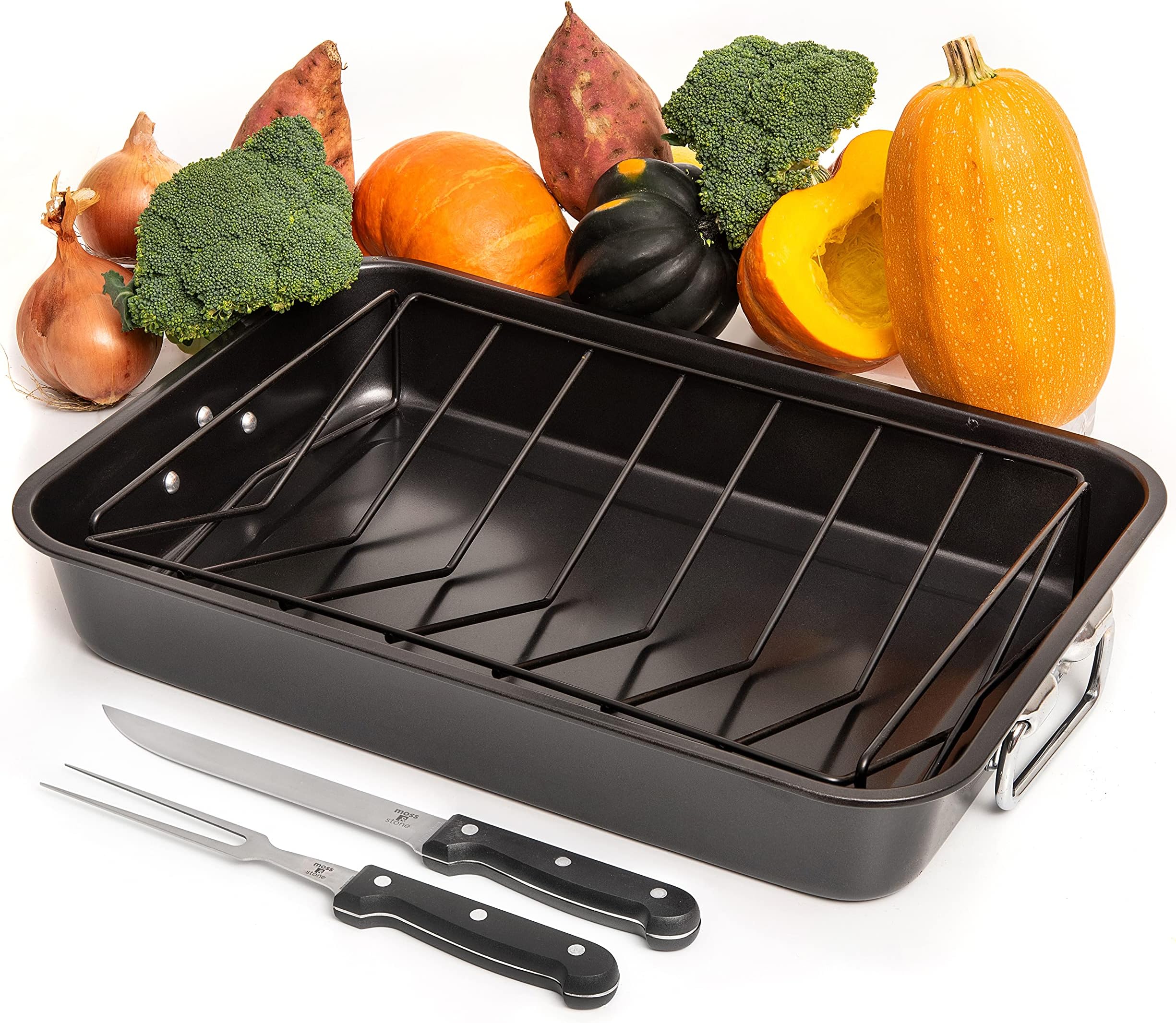 Carbon Steel Roaster Pan With “V” Shape Removable Roasting Rack Set, 16.5 Inch Rectangular Nonstick Roasting Pan, Turkey Roaster Pan Rack With Carving Fork & Chef Knife