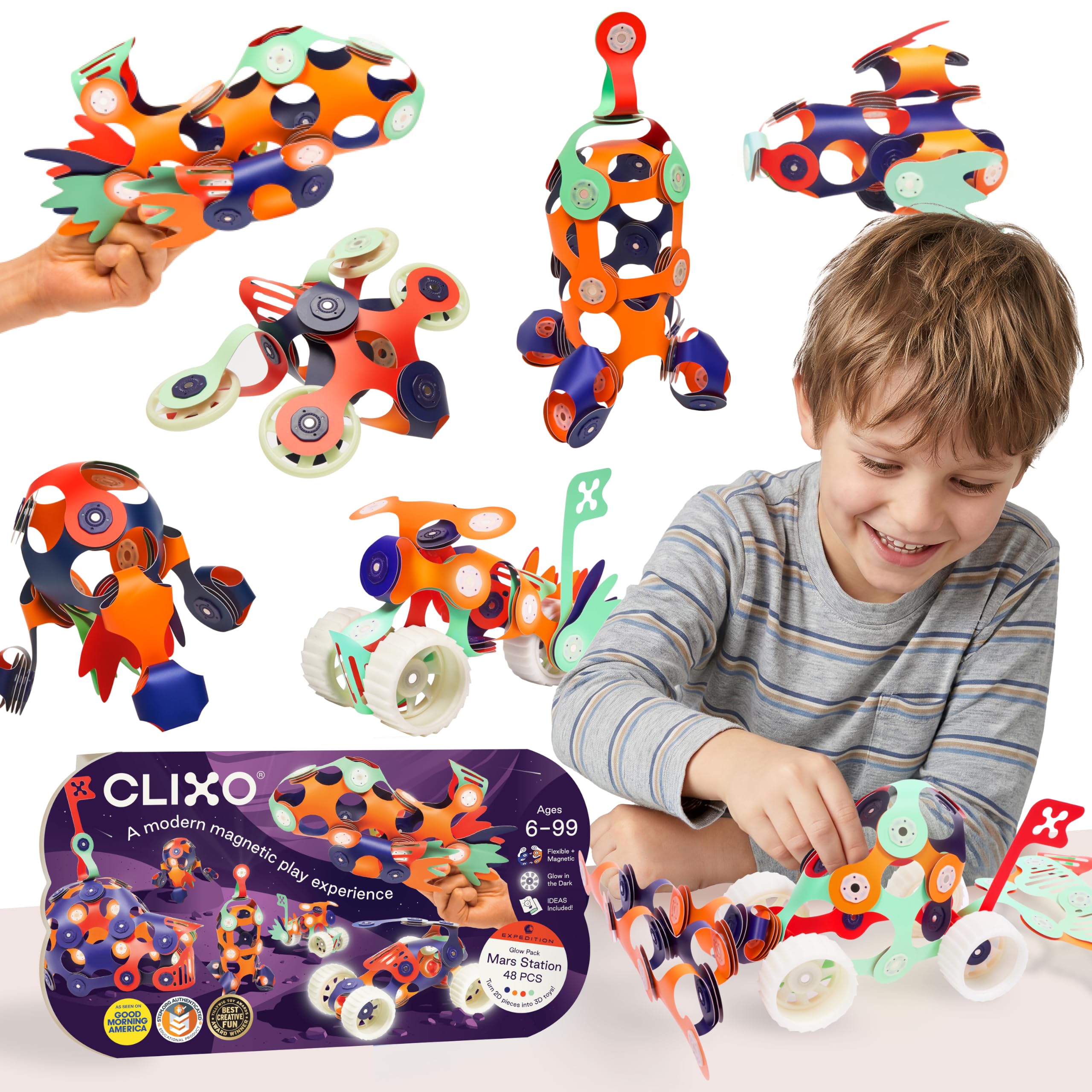 Clixo Mars Station Pack, Glow Space STEM Magnetic Building Toys (48 Pc, 6+)