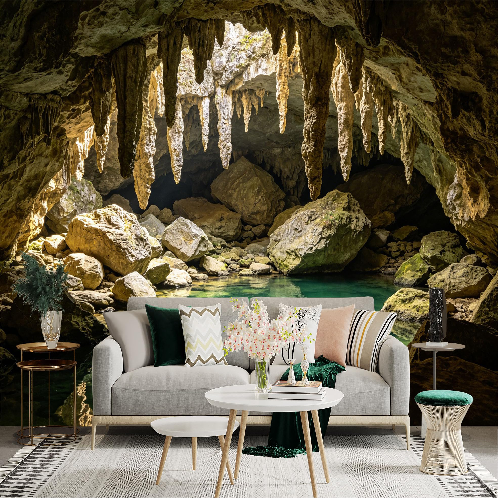 Lnzczhyre Dbh260521729 Custom Size Wall Sticker Mural， Natural Underground Cave， Stalactites Formation， Glowing Turquoise Water， Rocky Landscape， For Wall Decoration， Peelandstick Wall Decals.