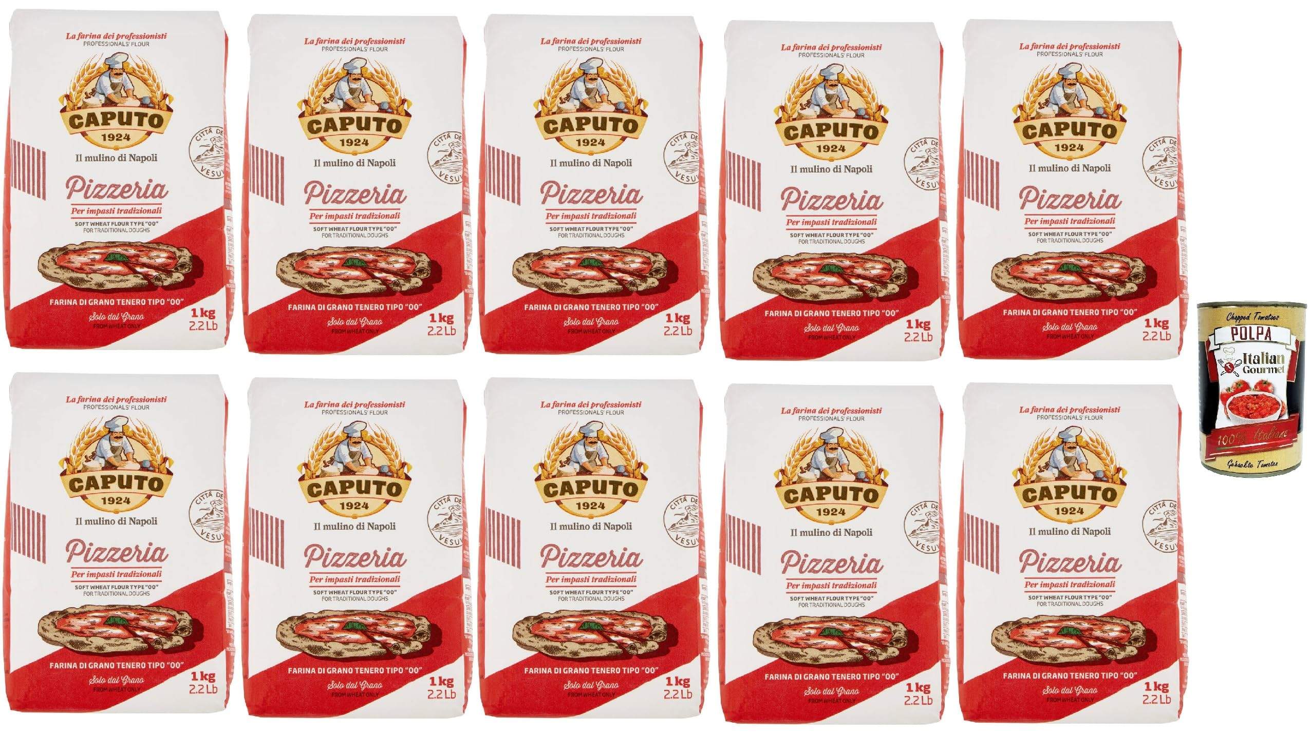 Caputo Pizzeria "00" harina de trigo suave, harina ideal para masa madre bien hidratada, ligera y perfecta, harina para la clásica pizza napolitana, 10 x 1 kg + polpa italiana gourmet 400 g
