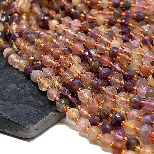 Miniatura 3 de ABCGEMS - Turmalina de cereza brasileña en cuentas de lepidolita (una revolucionaria técnica triangular de corte de diamante aporta un aspecto de