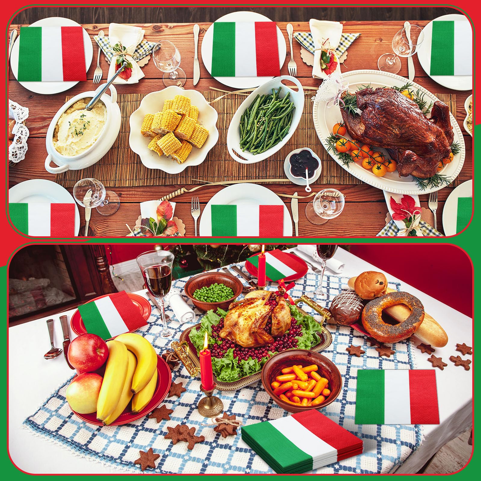 Affrolling 50 servilletas de Navidad a granel clásicas rojas, blancas y verdes, desechables, de papel italiano, de 16,5 cm, para Navidad, reuniones familiares, banquetes, banquetes y decoración de