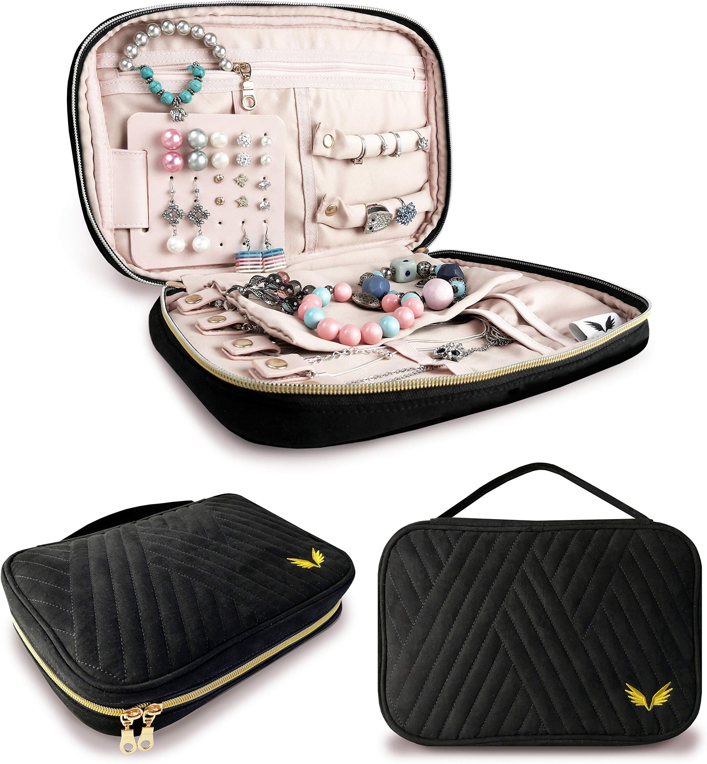 Lonsky Jewelry Travel Organizer - Best Bracelets, Earrings, Necklaces, Rings Holder - Multiple Storage Pockets with Zipper - Gift Items, Portable Travelling Accessories, Women Luggage Bags Essentials