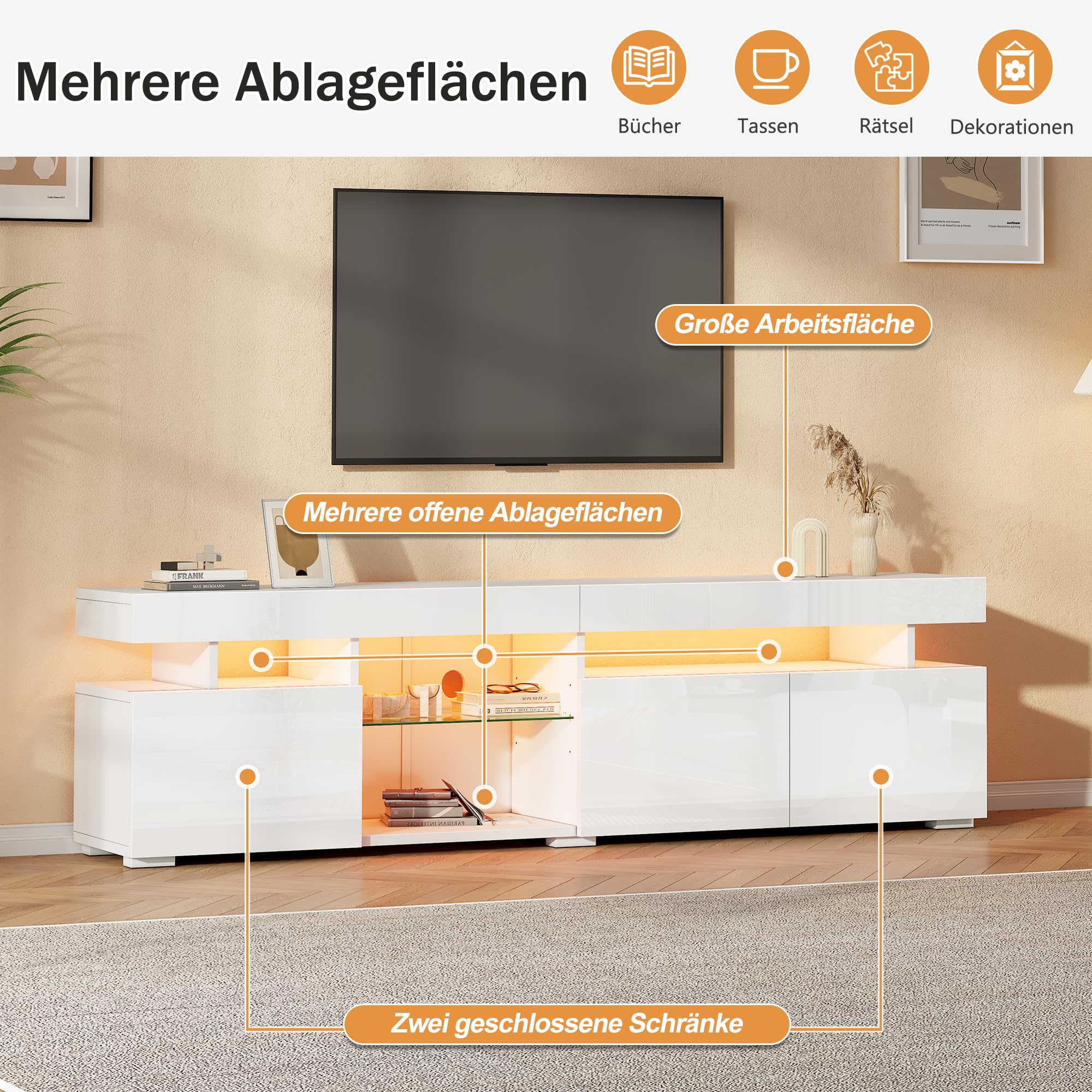 Mueble bajo Moderno LED para televisión, Soporte para TV, Tabla de TV, Equipado con estantes de Cristal Templado Ajustables, Armario de TV de 80 Pulgadas, Color Blanco, 180 cm