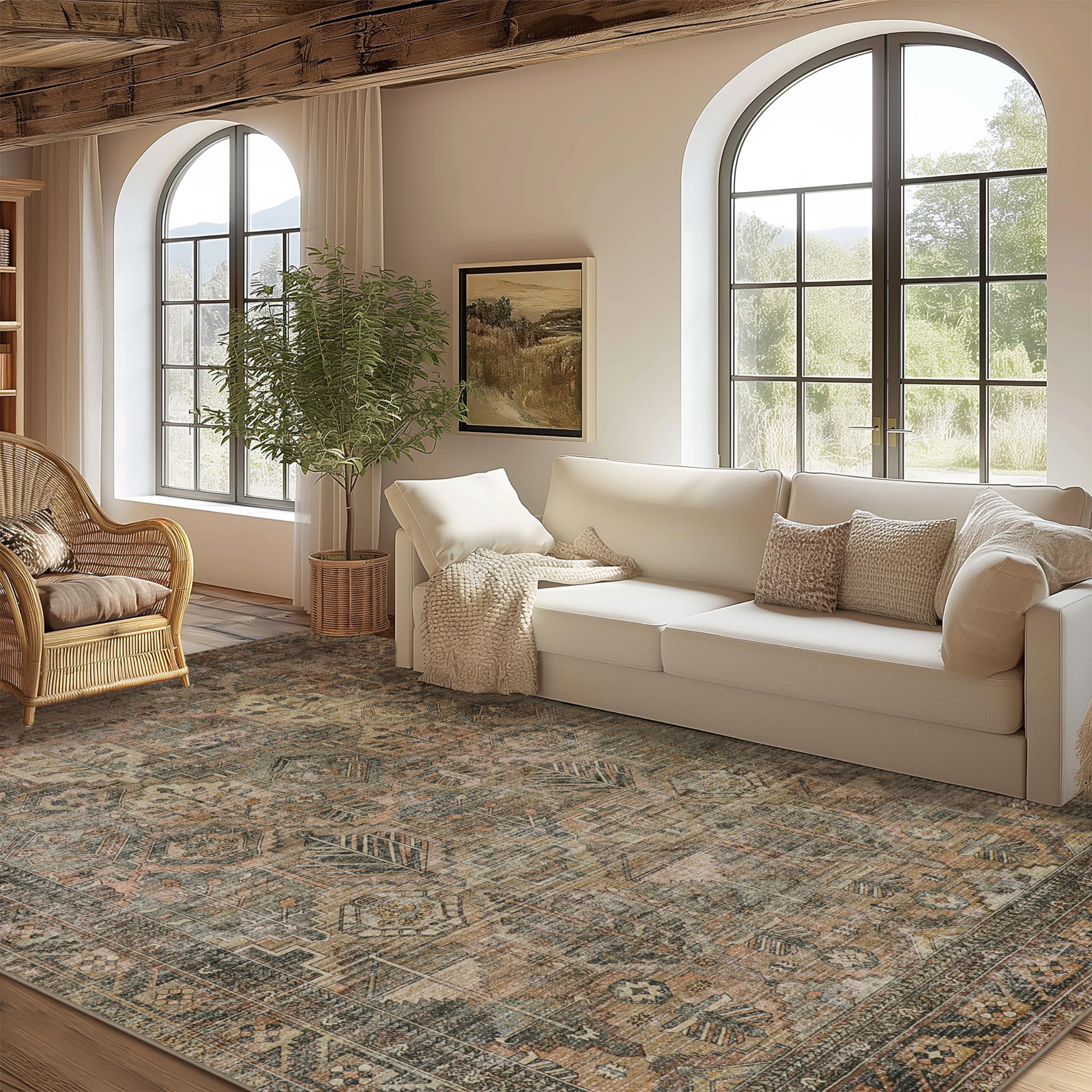 Area Rug 8x10 Machine Washable Vintage Distressed Print Ultra-Thin ...