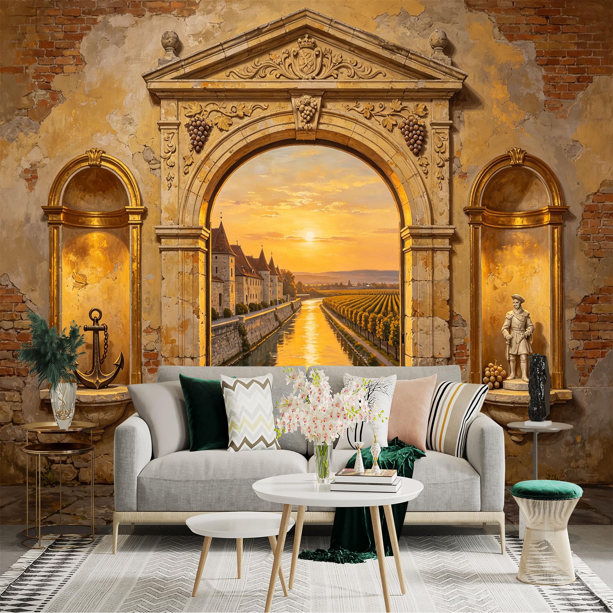 Custom Size Wall Sticker Mural， Vintage Stone Archway， Sunset Canal， Vineyard Landscape， Rustic Wall Art， for wall Decoration， peelandstick wall Decals.