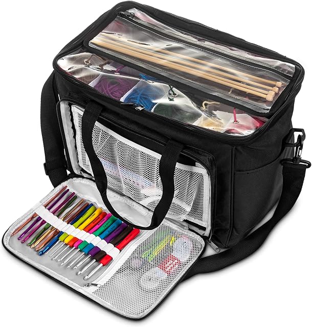 Fineway® Knitting Wool Tote Storage Bag Crochet Hook Needles Accessories Organiser Holder-Made of Premium Heavy Duty Nylon with Clear PVC Top, Strong and Lightweight (Black)