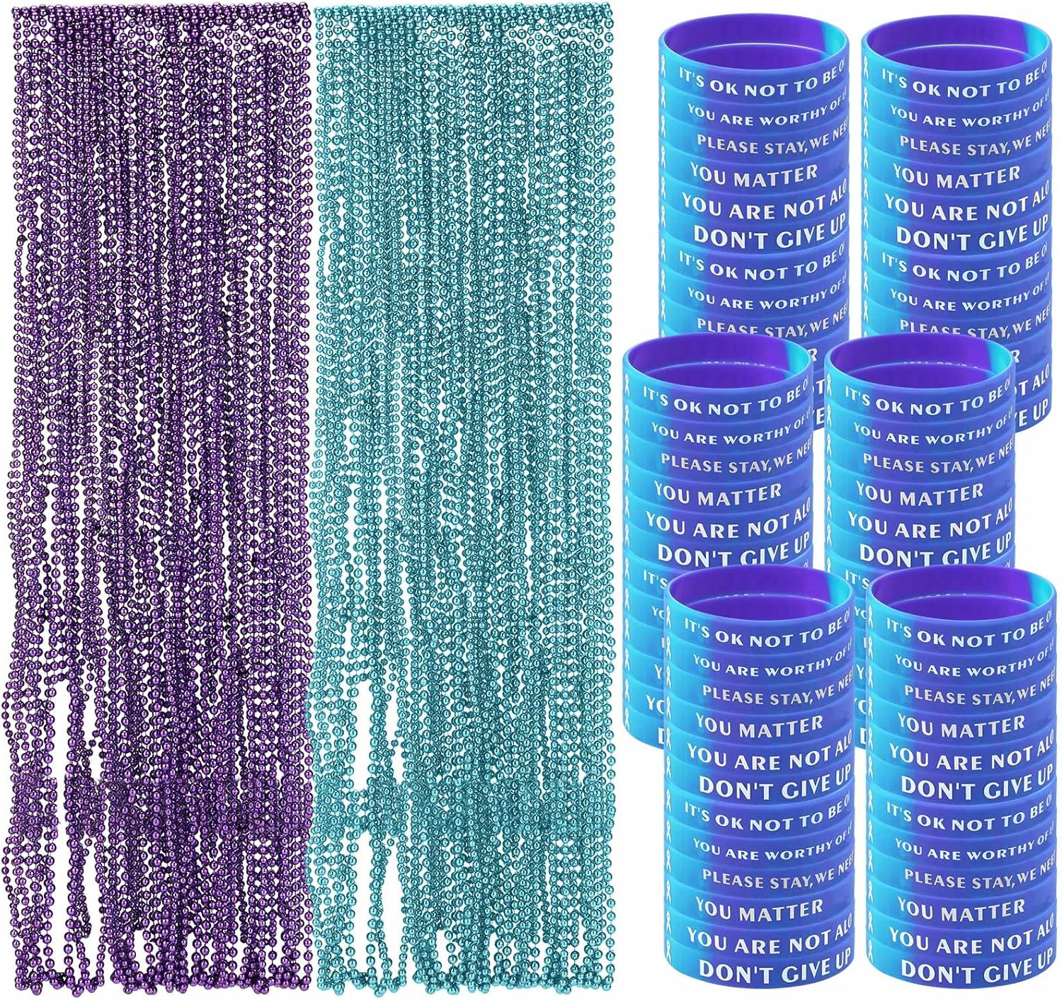 216 Pcs Suicide Prevention Awareness Bracelets - 33'' Teal & Purple Beads Necklace Bulk Inspirational Silicone Wristband for Suicide Awareness Day 2025 Charity Campaign Party Favors