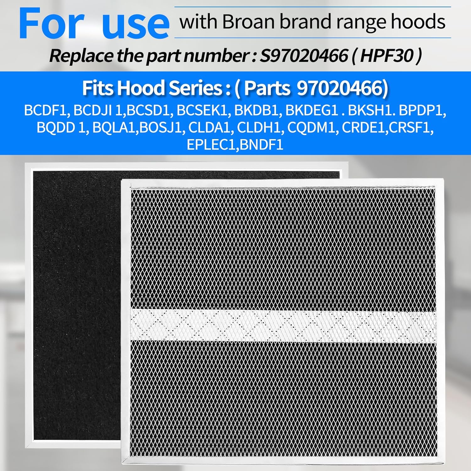 2024 Upgrade S97020466 HPF30 Replacement Charcoal Filter Compatible with Broan-NuTone Non-Ducted Range Hood Grease Filters Type XC 12.9" x 14.8" x 0.1" (Pack 2 with Clips)