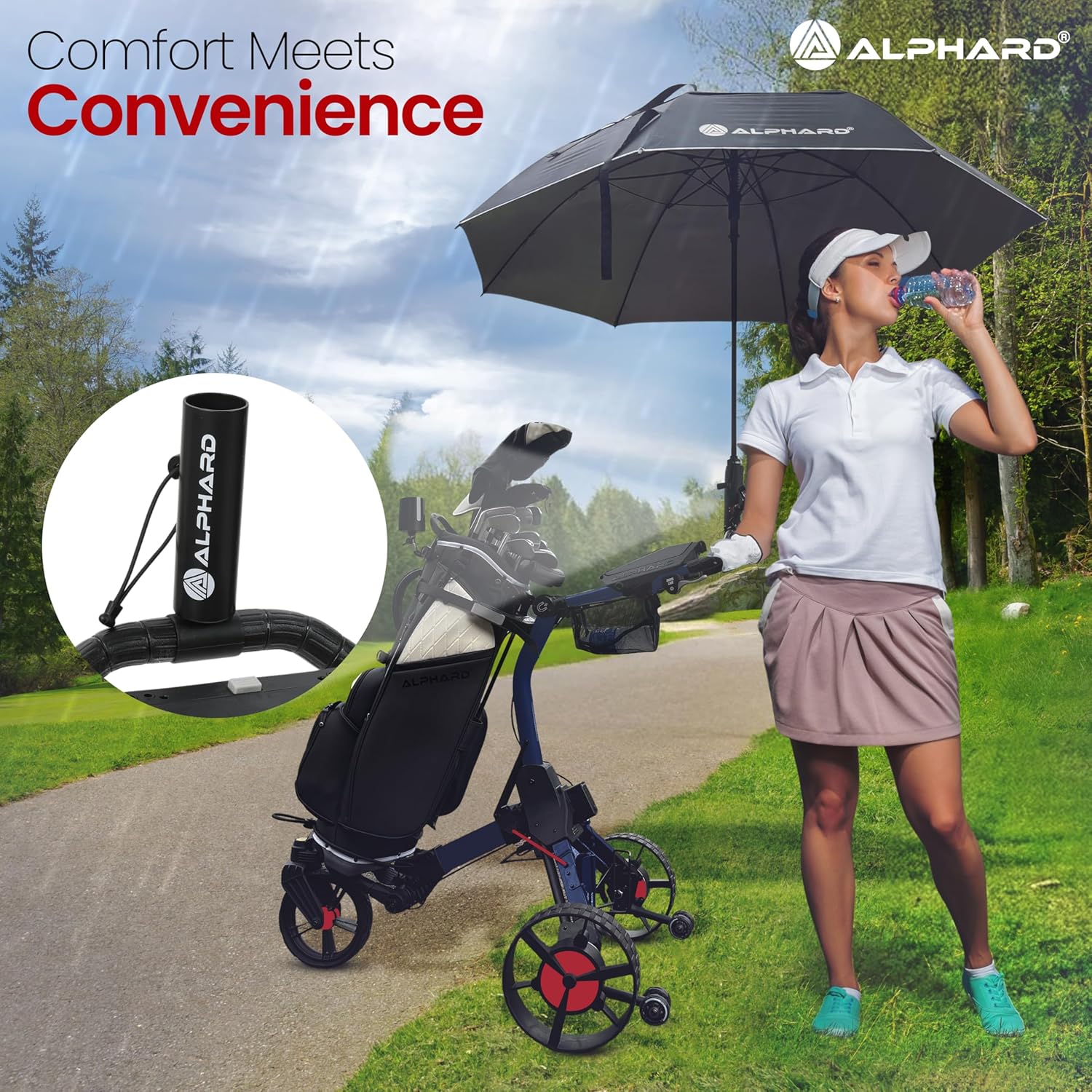 Alphard Electric Golf Cart with Remote - Cybercart Electric Golf Caddy, Motorized Golf Caddy w Accessories - Cup Holder, Umbrella Holder, Anti-tip Wheels, Phone Holder, Magnetic pad - Compact Folding - Image 5